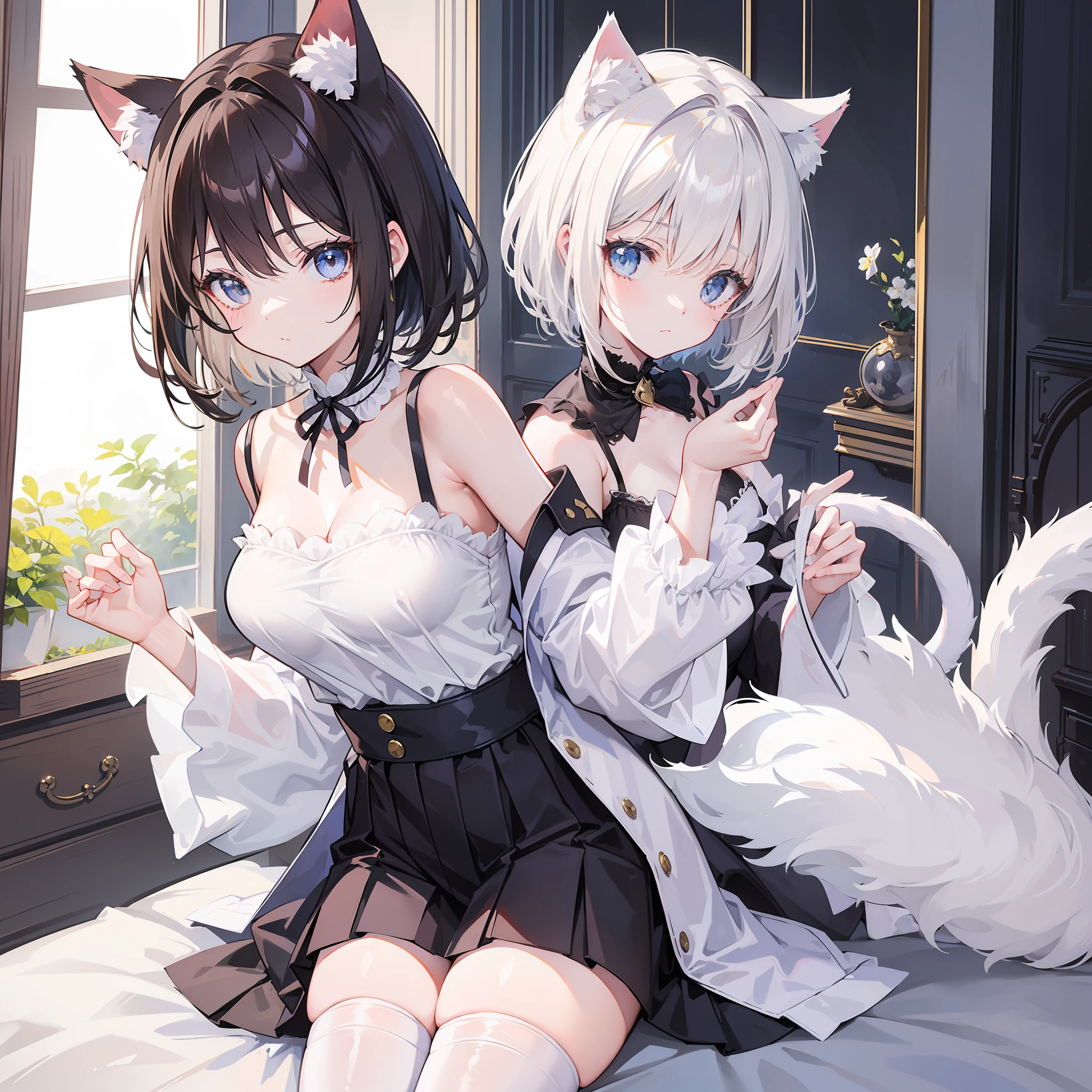 (Best quality),(Detailed), (1 girl),Kizi,a cat tail,There are cat ears on the top of the head,white thighhighs, short detailed hair,brunette color hair,Medium breasts,Small camisole vest