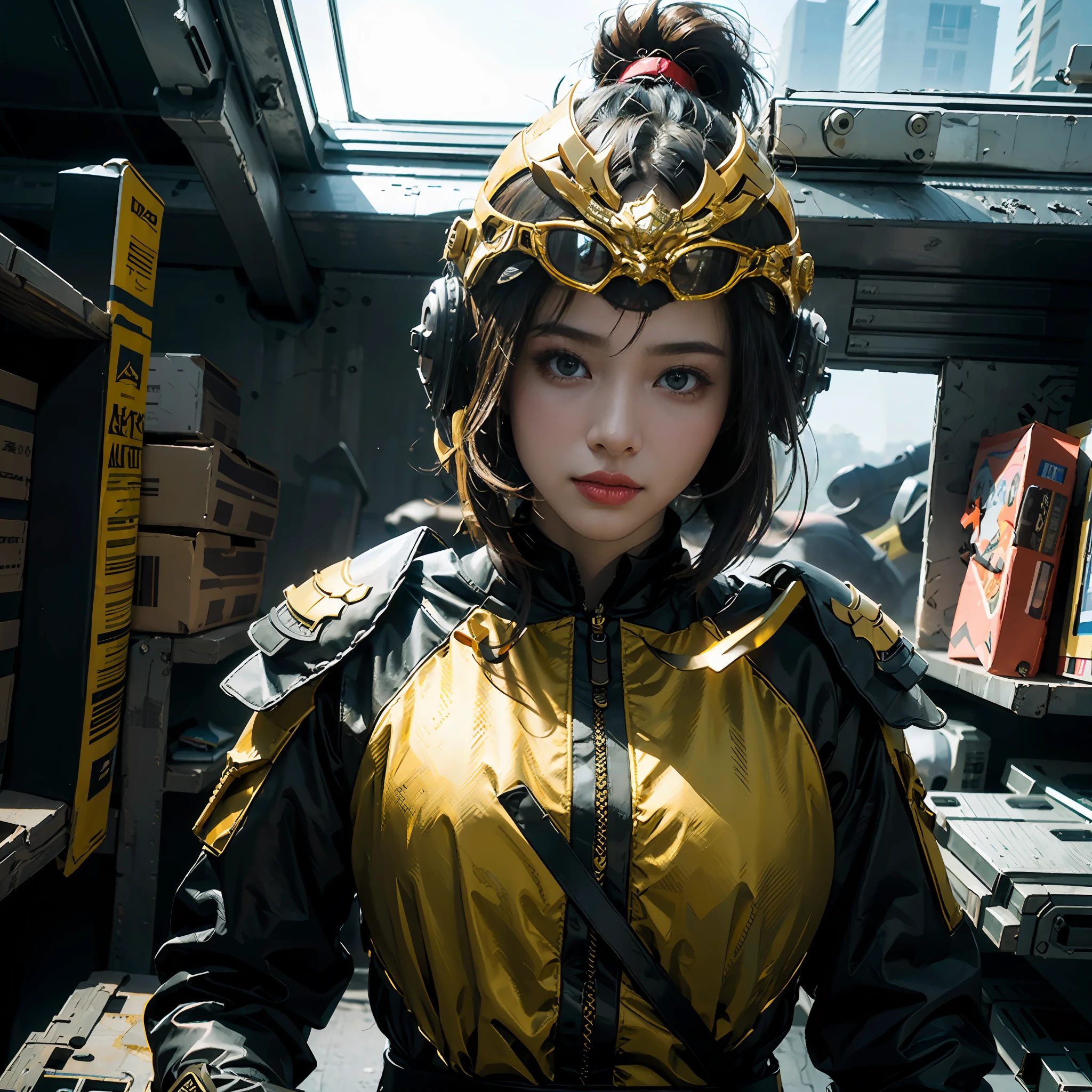 in a panoramic view，photorealestic，cyber punk style，Blue sky, Fly a sci-fi plane，A military base at the foot of the modern Great Wall，3girl，Wear black Chinese high-tech clothing，Dressed in gorgeous gold Chinese high-tech armor，Wearing a gold high-tech helmet，Black high-tech mask，High-tech goggles，High-tech equipment hangs on the body，High-tech motorcycle，High-tech combat vehicles，Armed with a sci-fi sabre，Carry a sci-fi rifle，Standing in front of a military base，Sharp eyes，professinal，Meistwick，commissioned，best qualtiy，color corrected，After fixation，Retouching，Improvement，Epic，Tone-mapping，the detail， highly  detailed， digitial painting， art  stations， Conceptual map of the long dam， Smoothness， Sharp focus， Beautiful illustration， photore， The light from the back window is backlighted， 动态照明， Mist， 复杂， cinematic grain， professinal， face to the viewer，（Beautiful m3d_woman， Perfect M3D_face,）， Volumetriclighting， subsurfacescattering， Good highlights， Good shadows， cinematic ligh