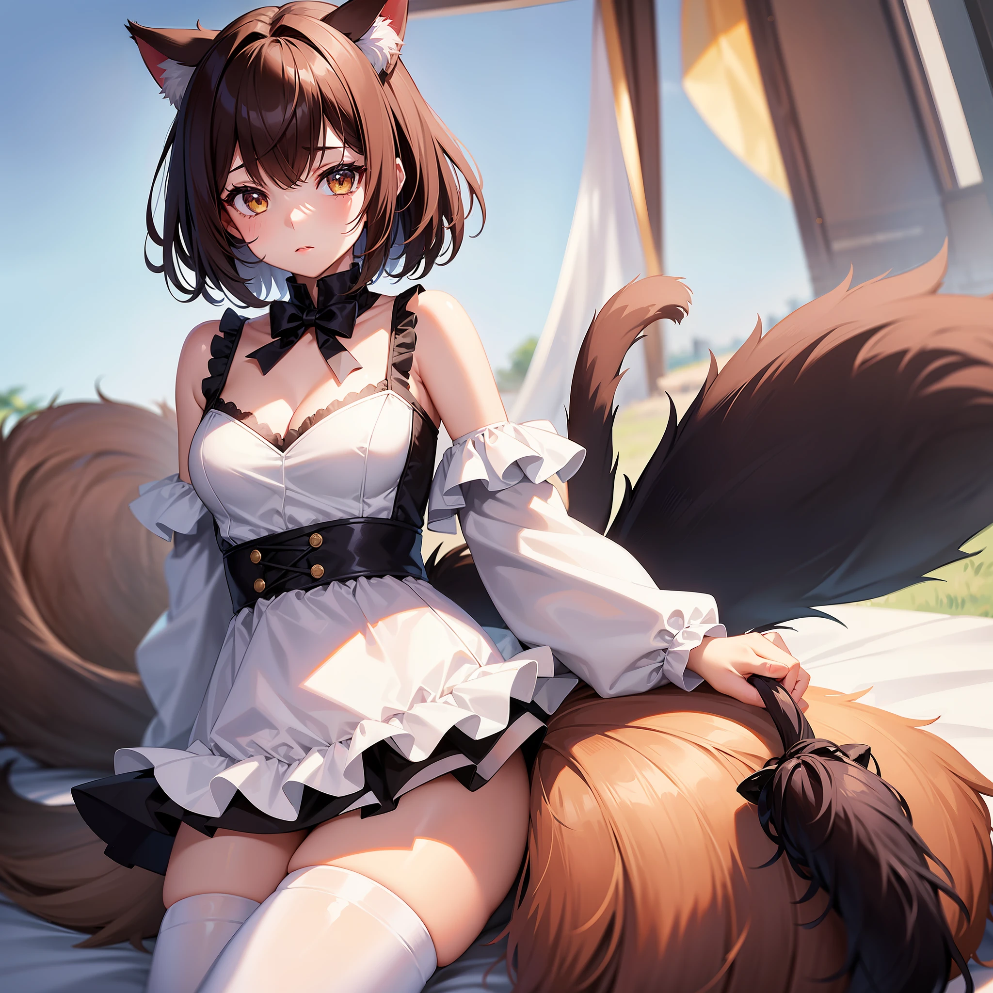 (Best quality),(Detailed), (1 girl),Kizi,a cat tail,There are cat ears on the top of the head,white thighhighs, short detailed hair,brunette color hair,Medium breasts,Small camisole vest