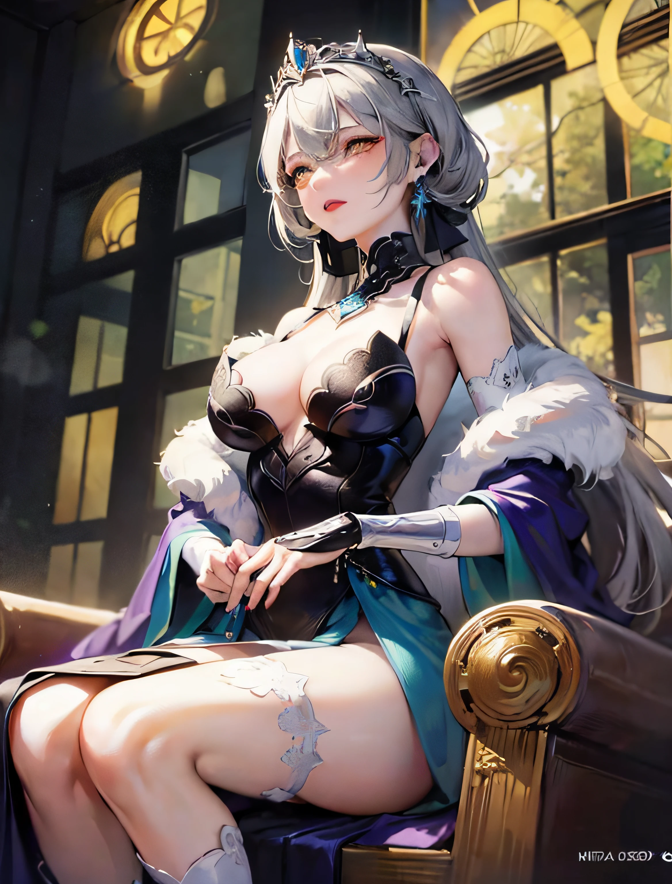 (Masterpiece:1.2), best quality, (illustration:1.2), (ultra-detailed), hyper details, (delicate detailed), (intricate details), (cinematic light, best quality ), clear line, from below, solo female,perfect bodies,Gray hair and yellow eyes,(the emperor,Black see-through garment),(tiara crown:1.1),sitting on an royal throne,Close your eyes slightly,low head,(is shy:1.2 ), ((makeup)), High contrast, (best illumination, an extremely create and beautiful), ((cinematic light)), Bright colors,
