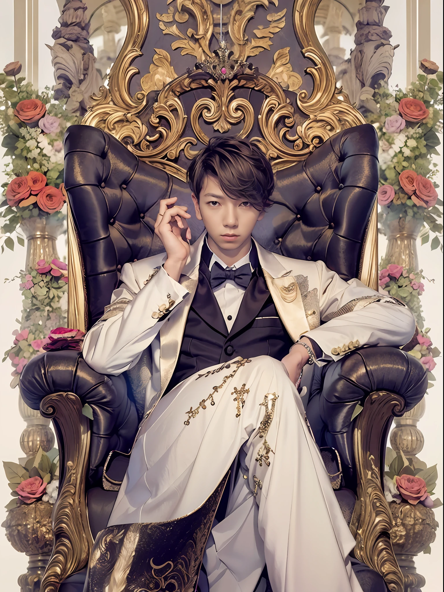 "an asian young man, wearing a stylish and sophisticated gentleman suit ,sitting on the throne''