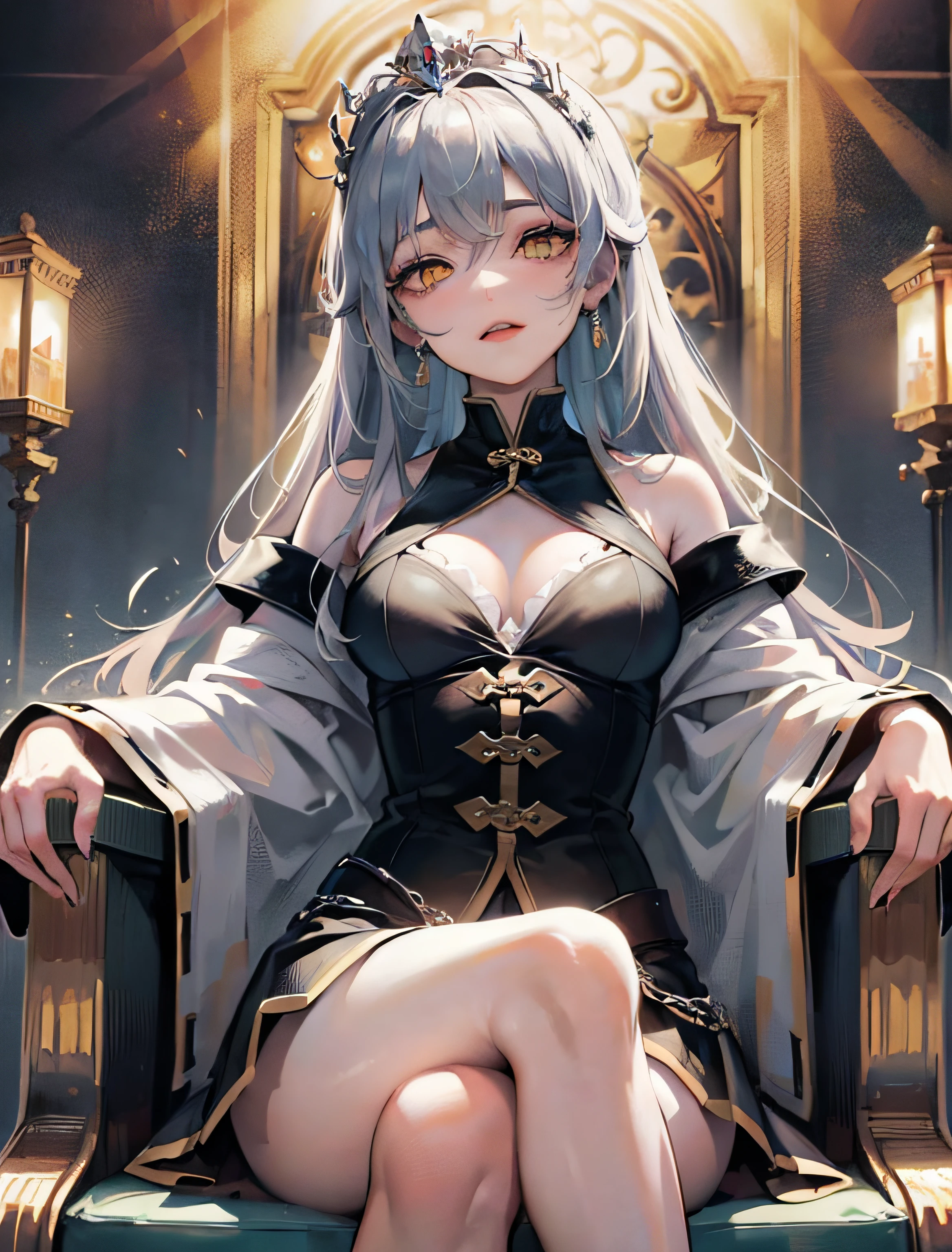 (Masterpiece:1.2), best quality, (illustration:1.2), (ultra-detailed), hyper details, (delicate detailed), (intricate details), (cinematic light, best quality ), clear line, from below, solo female,perfect bodies,Gray hair and yellow eyes,(the emperor,Black see-through garment),(tiara crown:1.1),sitting on an royal throne,Close your eyes slightly,low head,(is shy:1.2 ), ((makeup)), High contrast, (best illumination, an extremely create and beautiful), ((cinematic light)), Bright colors,