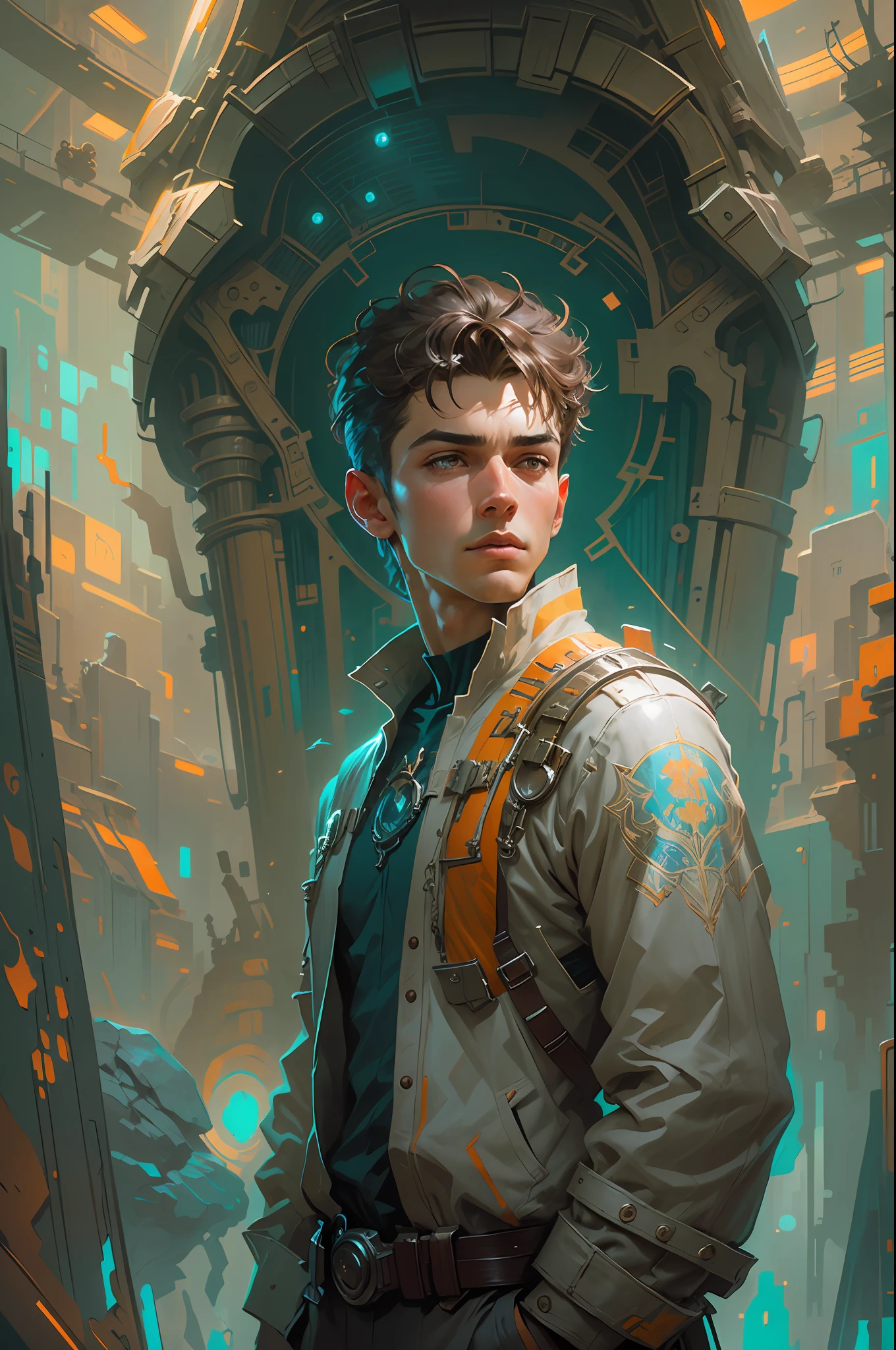 Portrait of a young handsome boy standing on a marvelous stone, standing gitl:1.2, (Low contrast ), colorfantasystyle, Oil painting on matte canvas, sharp detailed, the expanse scifi spacescape ceres colony, Intricate, Highly detailed, Digital painting, plethora of colors, smooth, Sharp focus, illustration, Unreal Engine 5, 8K, art by artgerm and greg rutkowski and alphonse mucha , art by midjourney