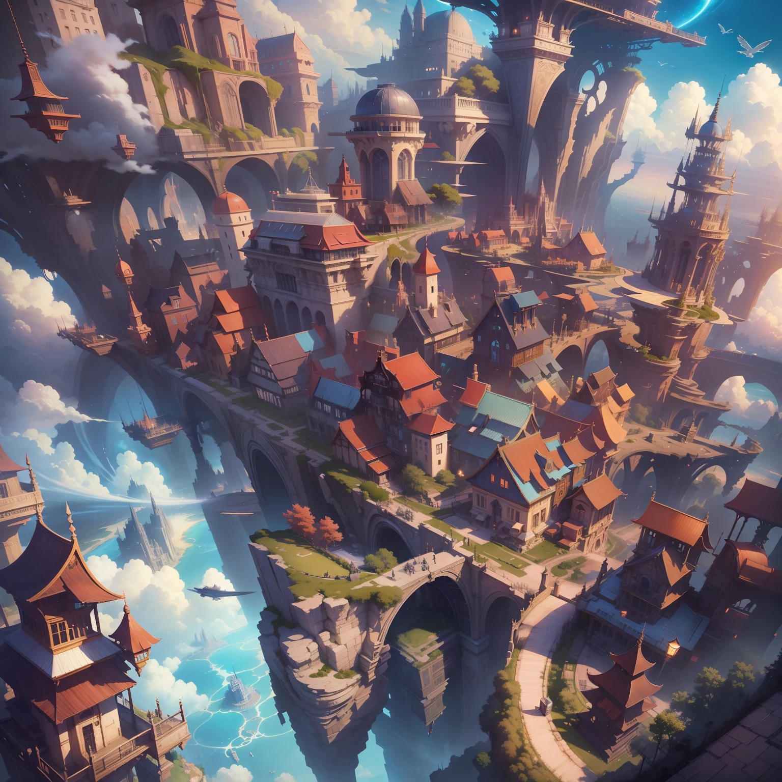 sky cities，Fantastic beautiful CG illustration wallpaper，Best Picture Quality、Super delicate，A high resolution，Dynamic angle，Fantastic angle effect，Gorgeous and colorful scenery，with blue sky and white clouds，Romantic world，Suspended buildings，Gorgeous lighting effects，Detailed city views，Mysterious hollow background，Magnificent city skyline。