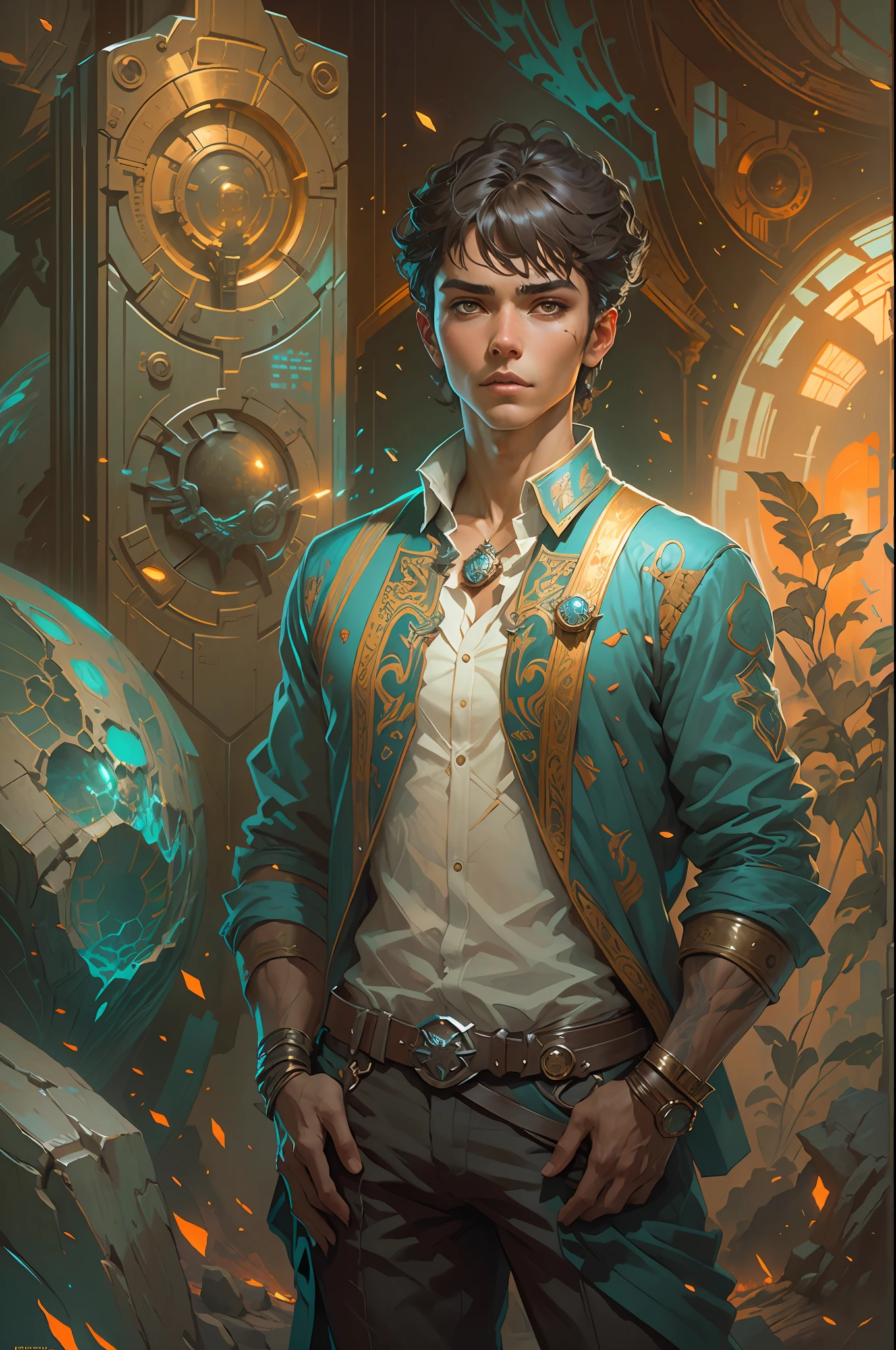 Portrait of a young handsome boy standing on a marvelous stone, standing gitl:1.2, (Low contrast ), colorfantasystyle， Oil painting on matte canvas, sharp detailed, the expanse scifi spacescape ceres colony, Intricate, Highly detailed, Digital painting, plethora of colors, smooth, Sharp focus, illustration, Unreal Engine 5, 8K, art by artgerm and greg rutkowski and alphonse mucha , art by midjourney