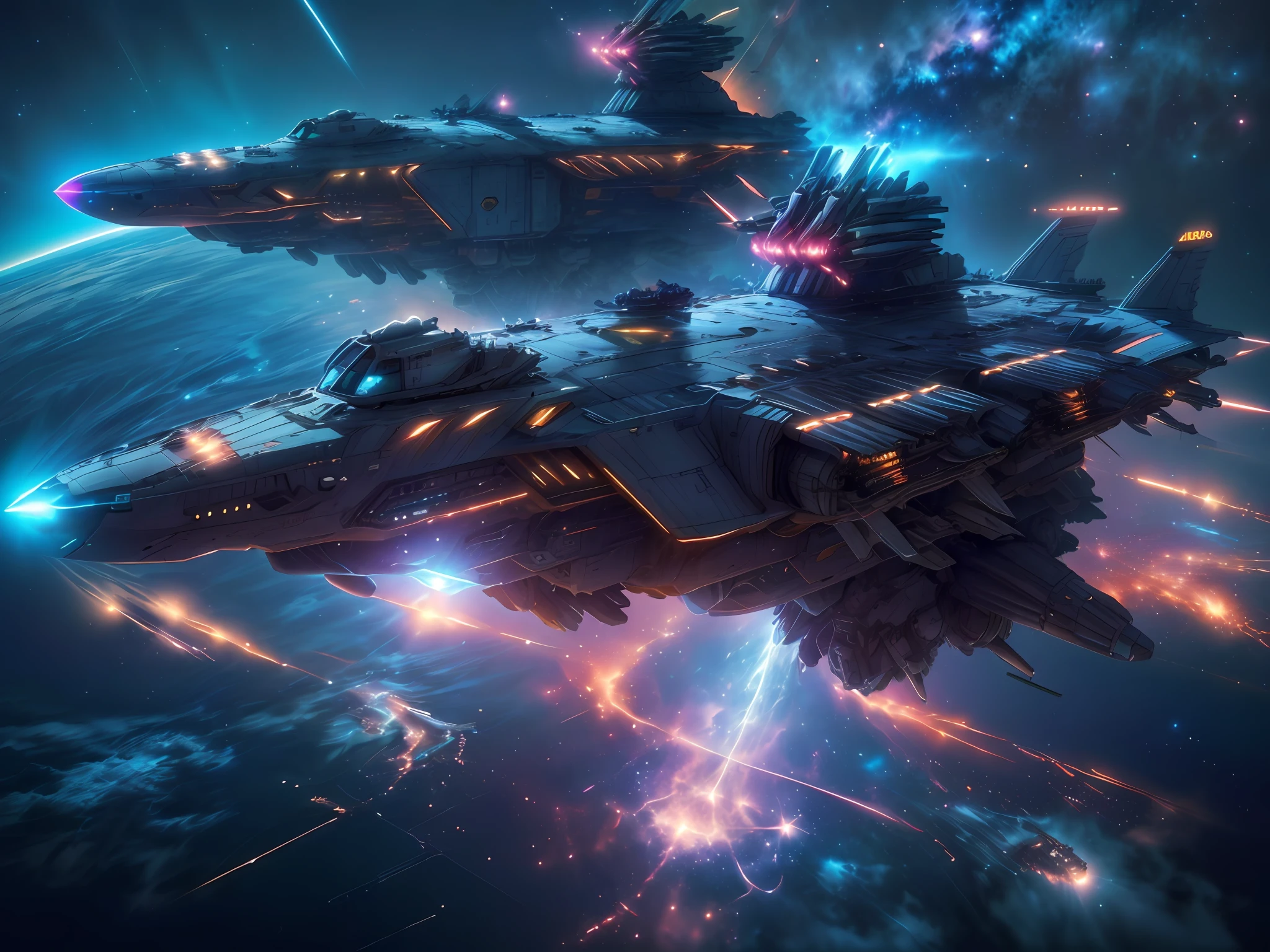 (space art),(high angle view:1.2), in space, A huge aircraft carrier , small fighter jets,stars,Cyberpunk, Dreamy Glow, Luminous neon lamp, ( Global illumination, raytracing, HDR, unreal render,reasonable design, high detailed, masterpiece, best quality, UHD, Cinematic Lighting), antitech, mecha musume
