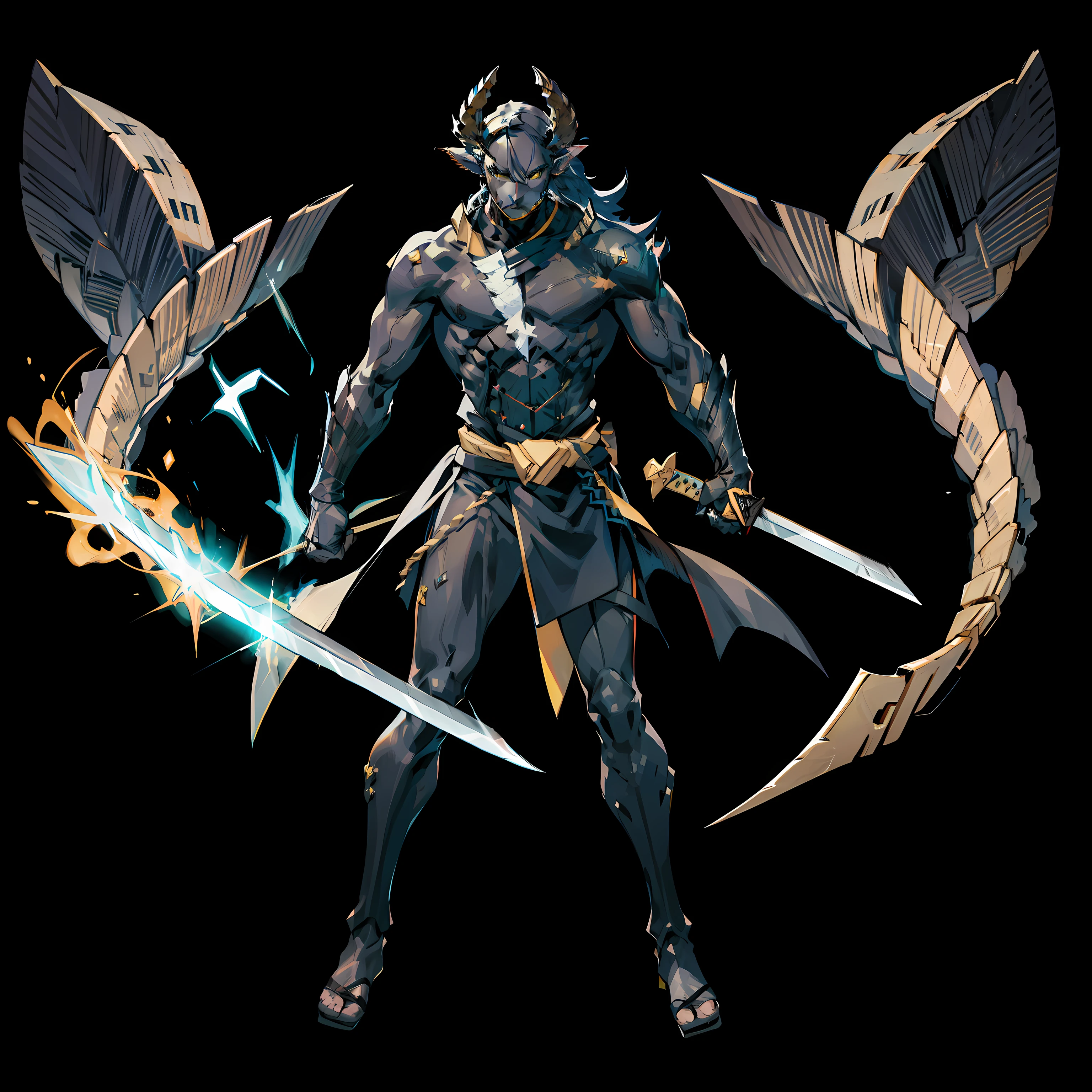 Black, ember, , Full body shot, No background, White background, Black skin, Steel-like body, Yellow eyes, Cool, Two horns, hero, skinny, One Person, Upright, long japanese sword