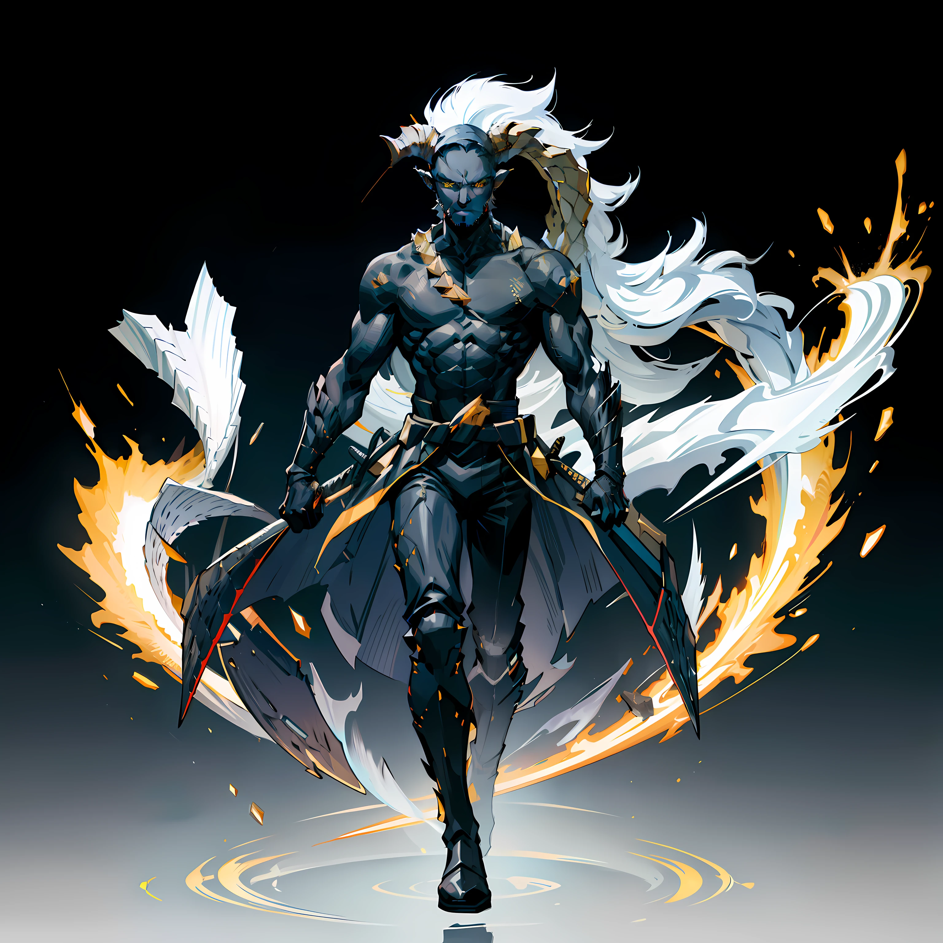 Black, ember, ???, Full body shot, No background, White background, Black skin, Steel-like body, Yellow eyes, Cool, Two horns, hero, skinny, One Person, Upright, long japanese sword