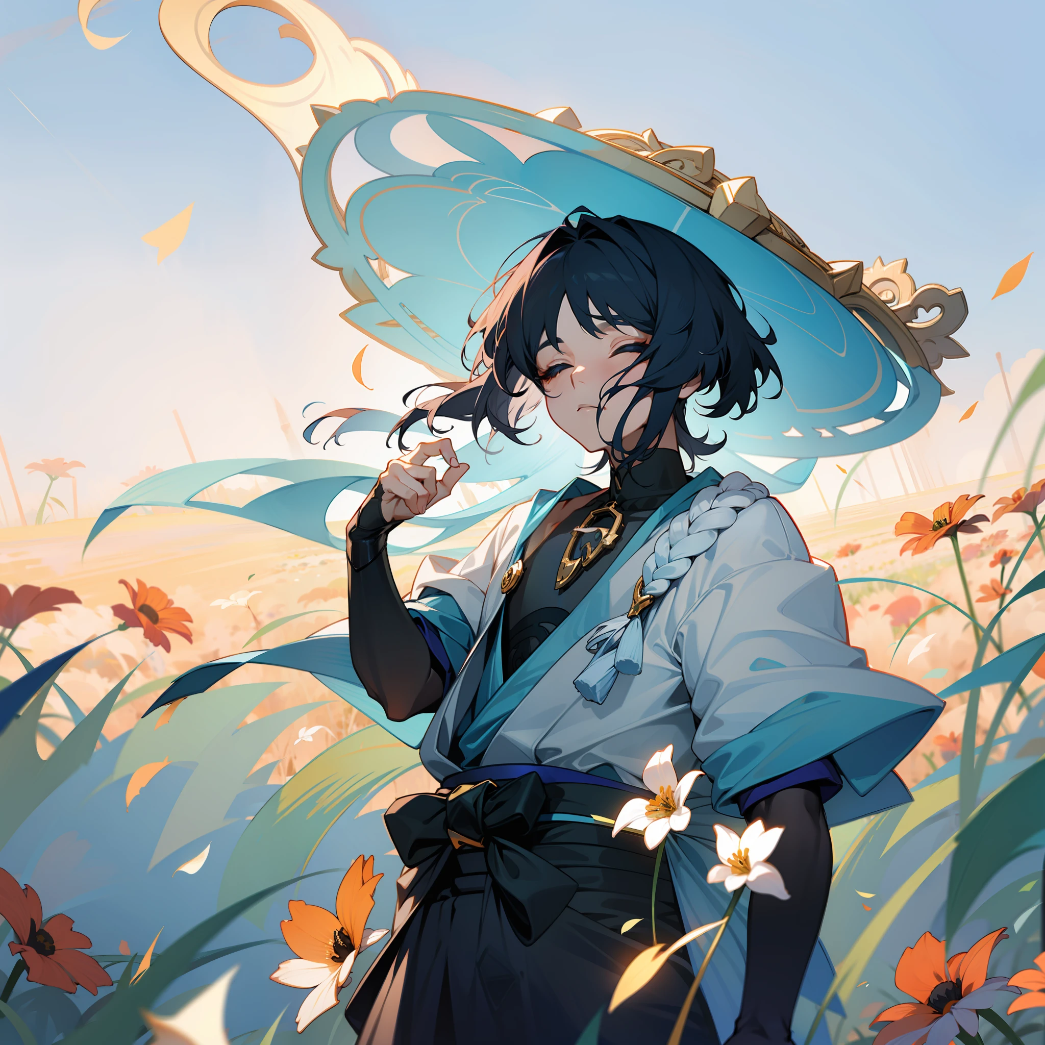 guy, Rest on the flower field, His thick hair sways in the wind, Bright sun