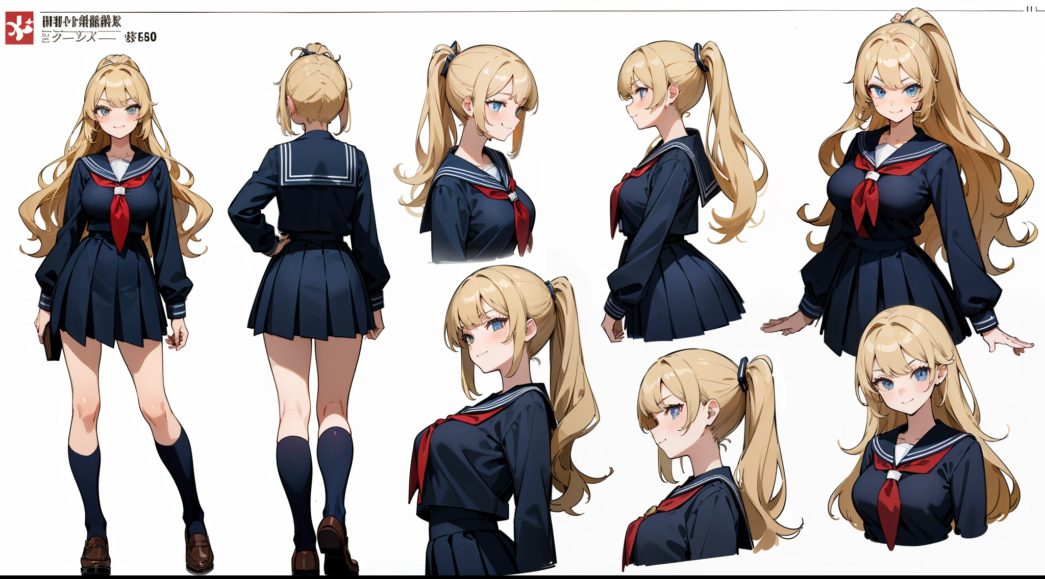 ((Masterpiece, highest quality)), detailed face, character sheet, Full body, full of details, multiple poses and expressions, highly detailed, depth, many parts, 1girls, school uniform, seifuku, sailor uniform, long sleeves, ponytail, wavy hair, big breast, blond hair, happy, smirk, smug