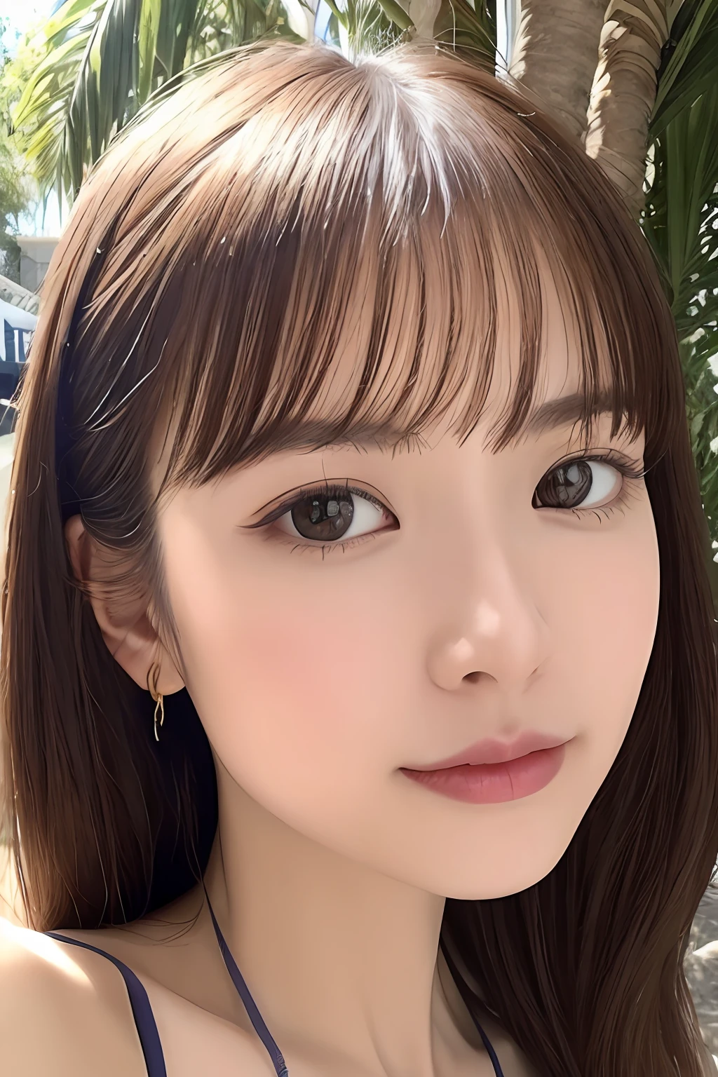 (From below:1),1girl in,(Leaning forward:1.3),Light Brown Fringe Longhair、Braided hair、disheveled hair、Light brown eyes、(dignified expression)、(Colorful micro bikini),(爆乳)、Emphasize the valley、the beach、Palm trees、blue-sky、(Photorealsitic)、(intricate detailes:1.2)、(​masterpiece、:1.3)、(top-quality:1.4)、(超A high resolution:1.2)、超A high resolution、(A detailed eye)、(detailed facial features)、(selfee:1.2)