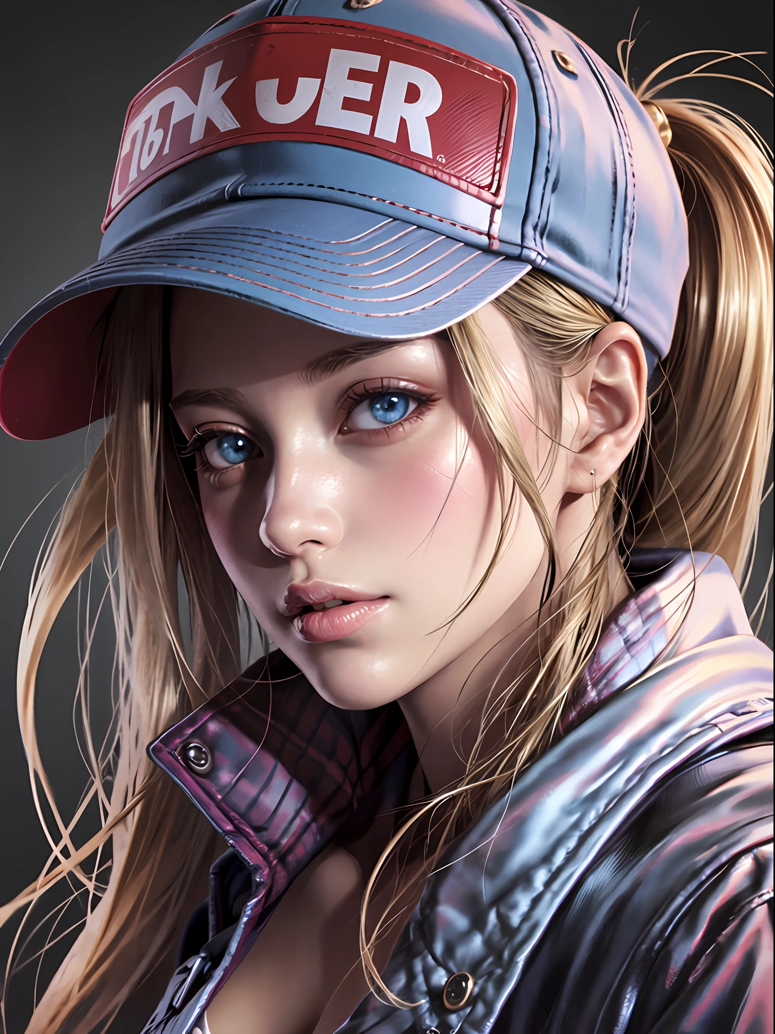 1girl, terry bogard girl, blonde hair, ponytail, blue eyes, baseball cap, eyes focus, beautifull park background (8k), (best quality), (masterpiece:1.2), (realistic), (ultra-detailed), (detailed eyes:1.2), (detailed face:1.2), (realism:1.2), (ultra quality), (intricate), (85mm), light particles, lighting, (highly detailed:1.2), (gradients), colorfull, sfw, daylight, solo