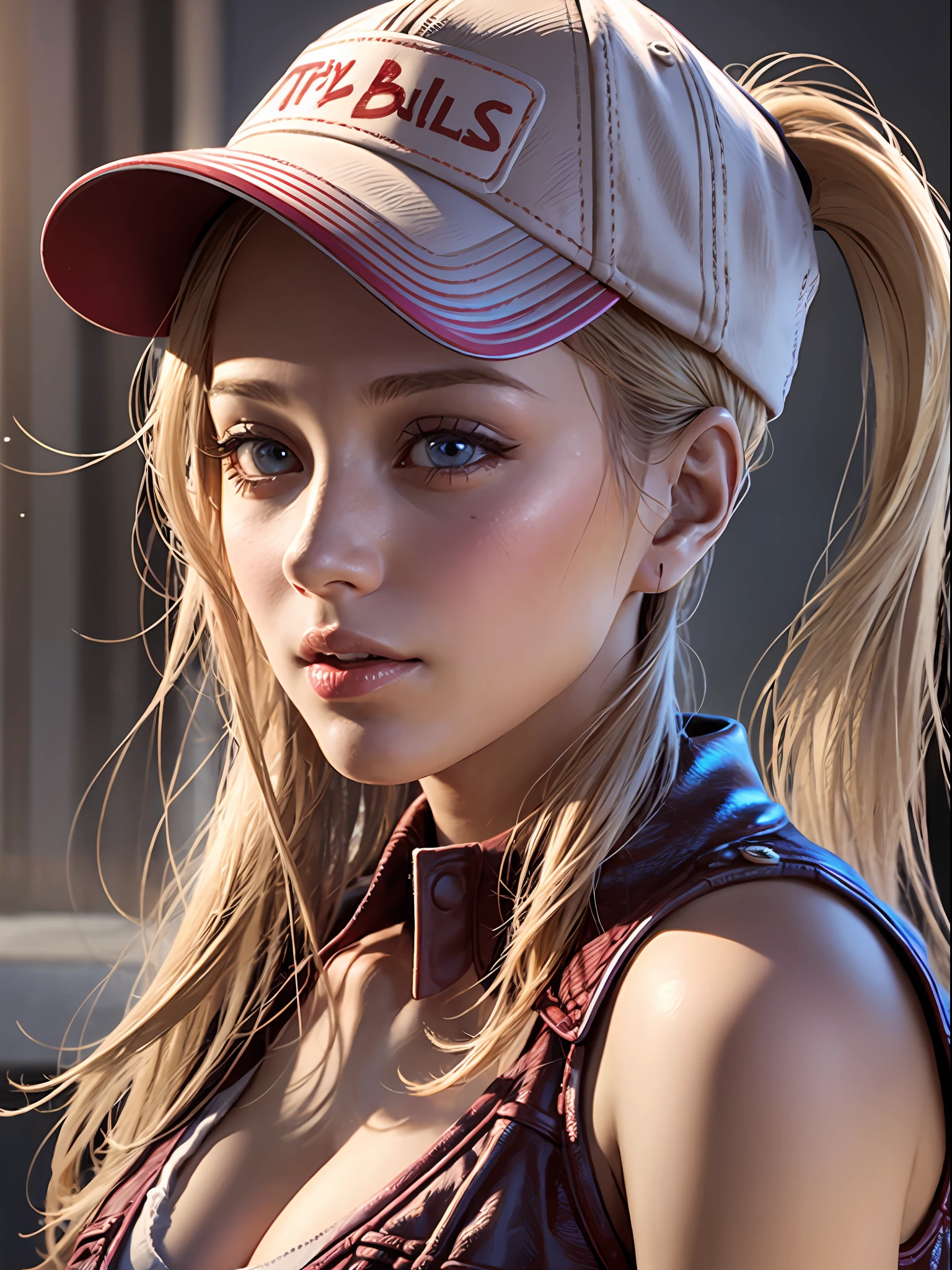 1girl, terry bogard girl, blonde hair, ponytail, blue eyes, baseball cap, eyes focus, beautifull park background (8k), (best quality), (masterpiece:1.2), (realistic), (ultra-detailed), (detailed eyes:1.2), (detailed face:1.2), (realism:1.2), (ultra quality), (intricate), (85mm), light particles, lighting, (highly detailed:1.2), (gradients), colorfull, sfw, daylight, solo