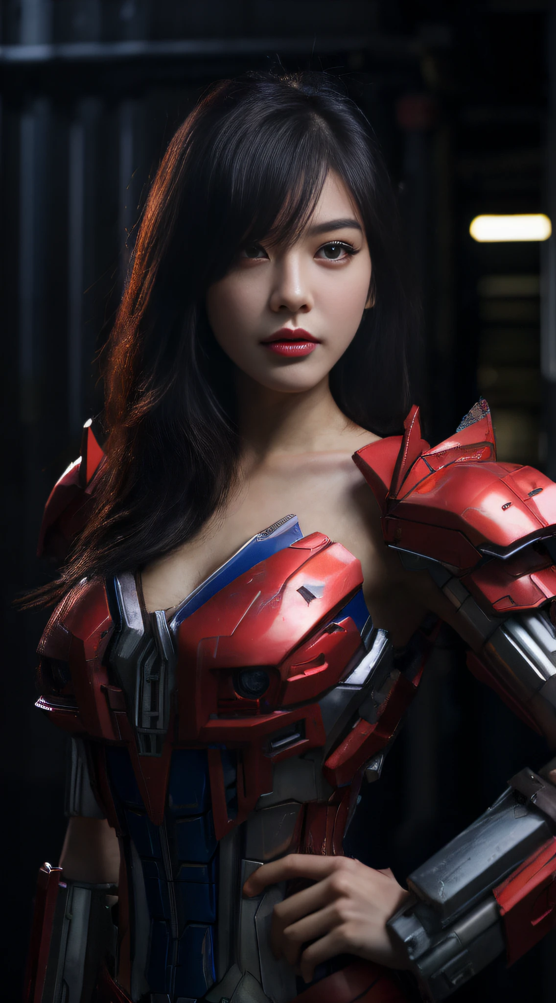 Chinese theme,primitive, Masterpiece, ultra fine photos,Best quality, 超高分辨率, Photorealistic, Sunlight, Full body portrait, stunningly beautiful, dynamicposes, Delicate face, Vibrant eyes, ( Frontal view) , She wears a futuristic Optimus Prime mech, Red and blue color scheme, Highly detailed abandoned warehouse background, Detailed face, Detailed and complex busy background, Messy, Gorgeous, Milky white, highdetailskin, Realistic skin details, Visible pores , Sharp focus, volume fog, 8K  UHD, SLR camera, High quality, filmgrain, Fair skin, Photorealism, DL, sprawling metropolis in futuristic dystopia,, Translucent