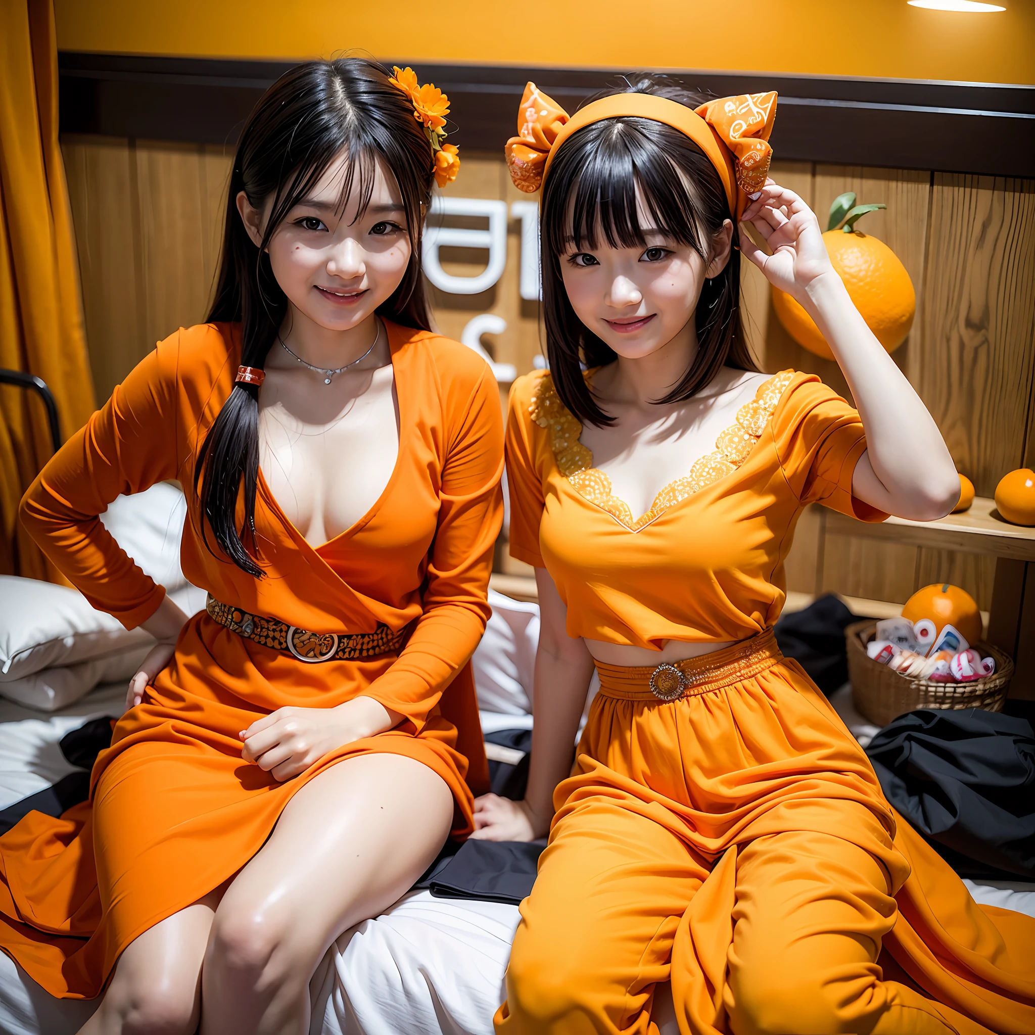 masterpiece、top-quality、realisitic、Photorealsitic、Orange-themed paradise、age Japan woman in cute costume with orange motif、Orange Accessories、Eating oranges、Surrounded by lots of orange slices、Orange plantation、Bright décor、A smile、Joy、dynamic ungle、动态照明