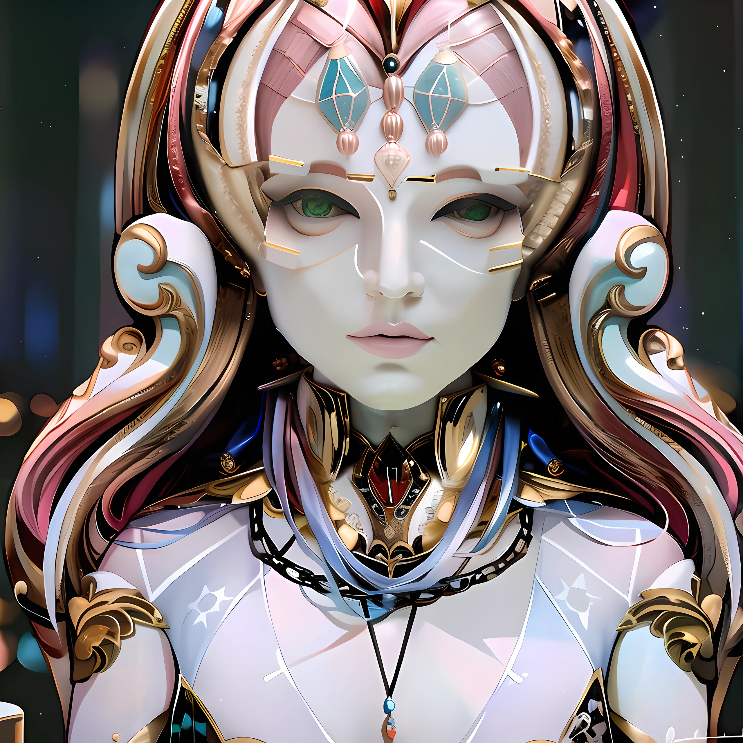 a hyperdetailed photographic portrait of a female android (((symmetrical))), that is sculpted in detail in a fused almalgam of these materials, white marble, fine porcelain, ivory and rose gold, that has a female baby face with androgynous facial features, has a baroque aesthetic design and wears art deco clothing with green eyes.