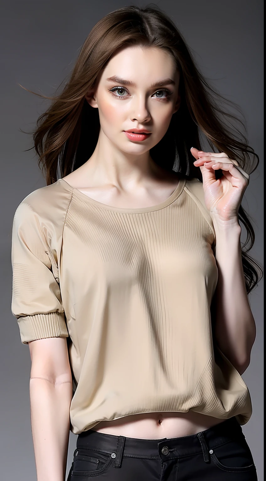 （Hyper Real）， （illustratio）， （A high resolution）， （8K）， （The is very detailed）， （Most Best Illustration）， （美丽细致的眼睛）， （best qualtiy）， （ultra - detailed）， （tmasterpiece）， （the wallpaper）， （详细的脸）， Sagging eyes， long whitr hair，huge tit，Sweaters，The background is indoors，（camel-toe）