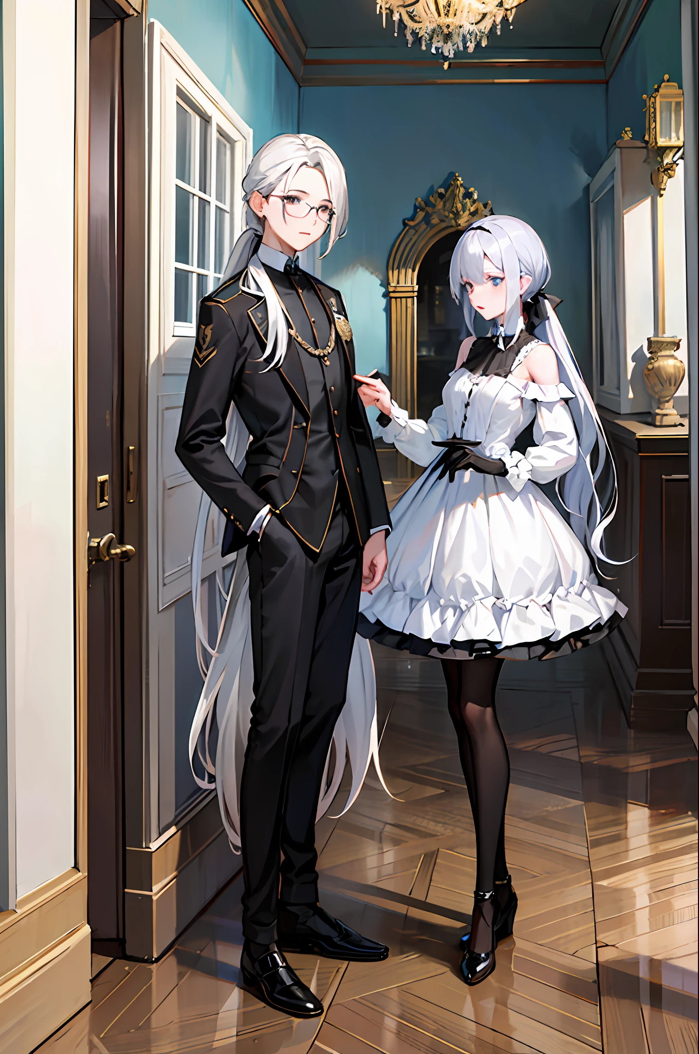 Ultra high resolution Western European classical promenade 1 boy, Long silver hair, (Pale skin:1.1), black dressed evening dress(There are brooches) There is an umbrella on the left-hand side, He has a pair of gold-framed glasses, Light blue eyes, Long ponytail, (Place your left hand on the frame:1.2), Looking down, , Rococo,
