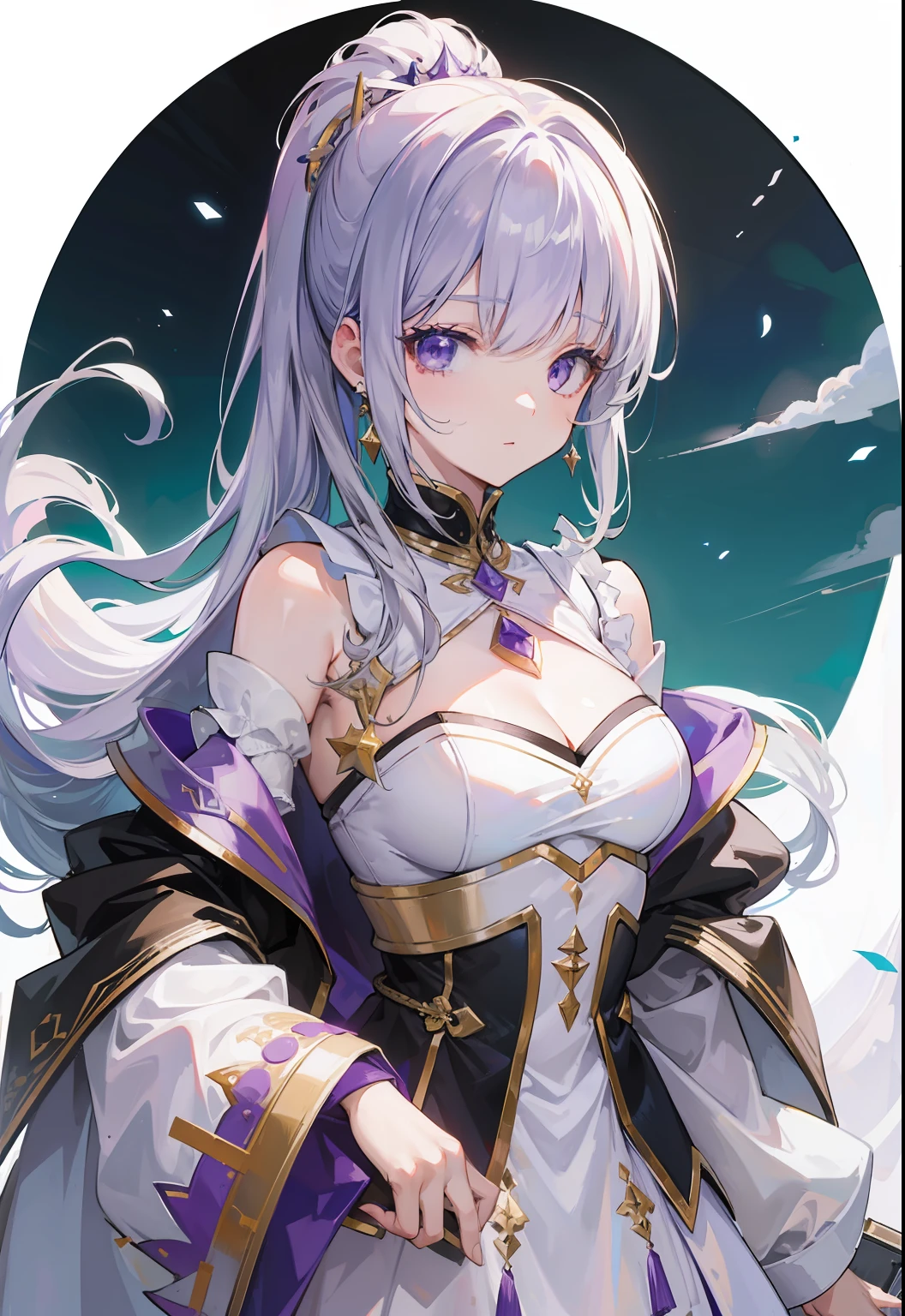 tmasterpiece，best qualityer，Fuller，white  clothes，Superskirt，Purple cloak，1girl，quadratic element，white Heels