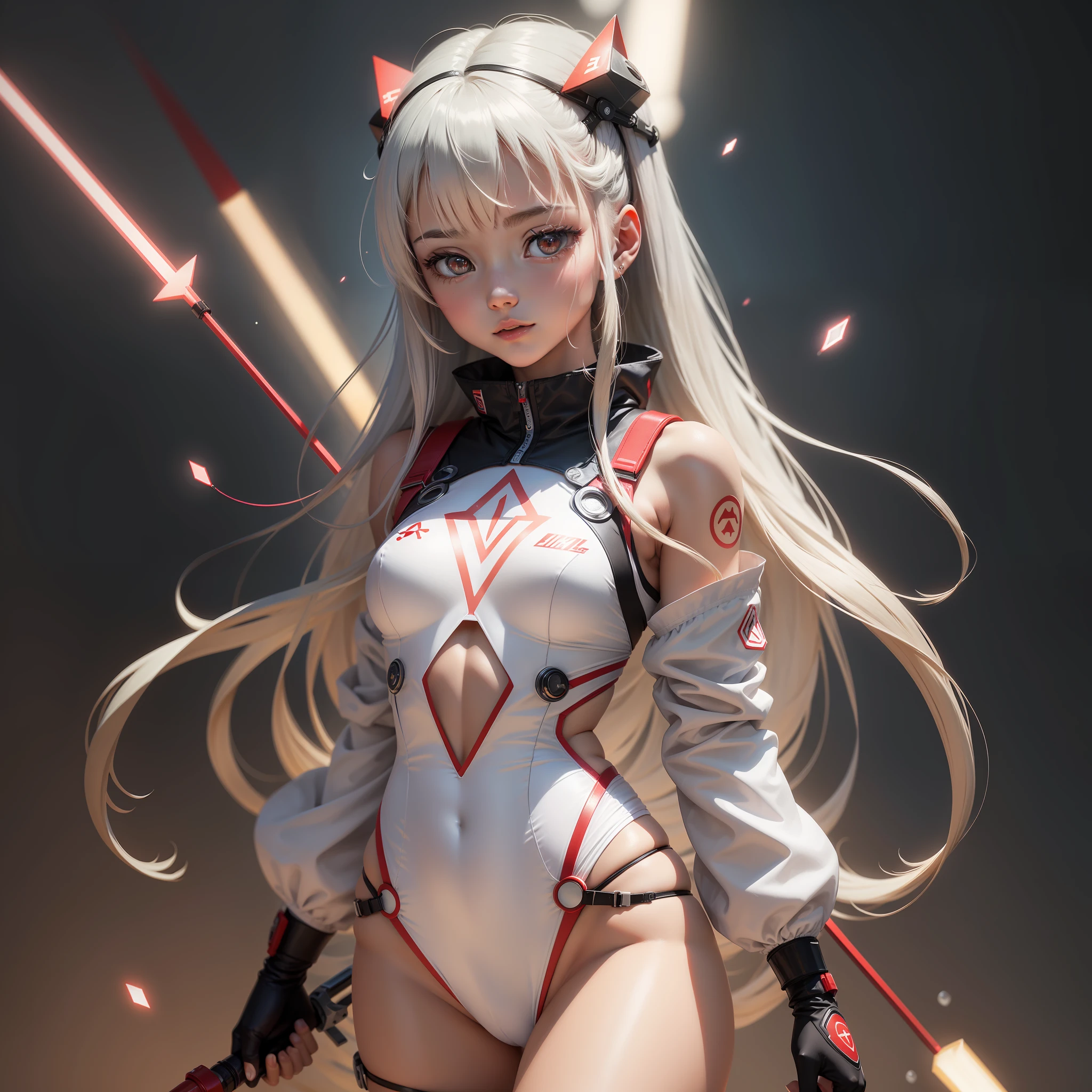(8k, best quality, master part:1.2),altamente detalhado,master part,ultra-detalhado,sozinho,1girl,(fundo branco:1.5),(olhos delicados),((cabelos brancos)),PlugNaipe, 1girl, estrela_\(heaven\), curto_Hair, estrelado_heaven, BodyNaipe, Ayanami_Rei, sozinho, noite_heaven, vermelho_olho, vermelho_Background Story, ?????, Branco_BodyNaipe, piloto_Naipe, spear_Of_Longinus, franja, luz_particuls, ((Triangular psychosensory devices on both sides of the head)), Souryuu_Asuka_Langley,tenso_Clothes,Middle ??????,Bokeh,clothes with a sense of mechanical technology, The small logo pattern on the ????? is zero,