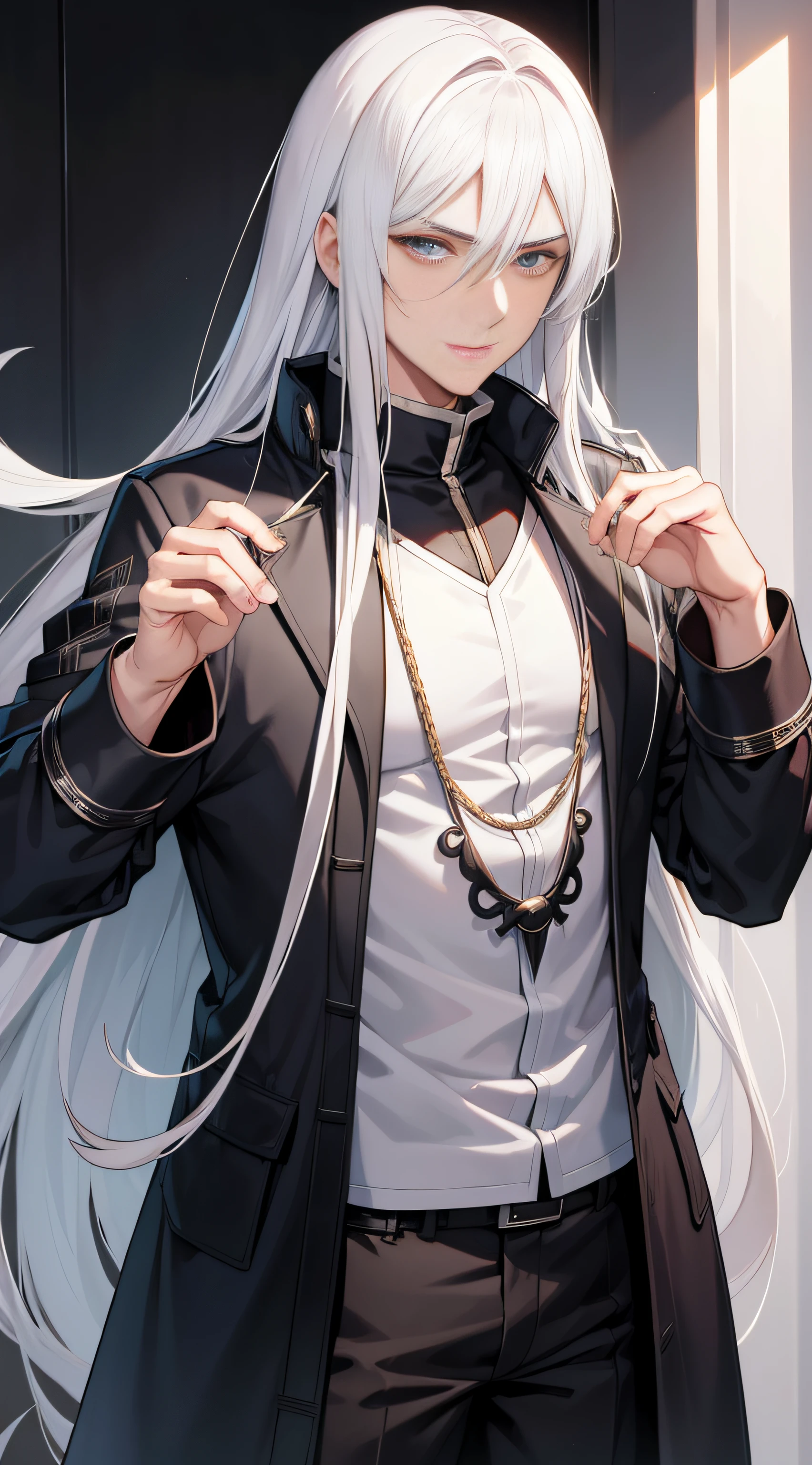 Man with long white hair,27-year-old man,Feng Shen is handsome,Handsome,Wearing a black down jacket