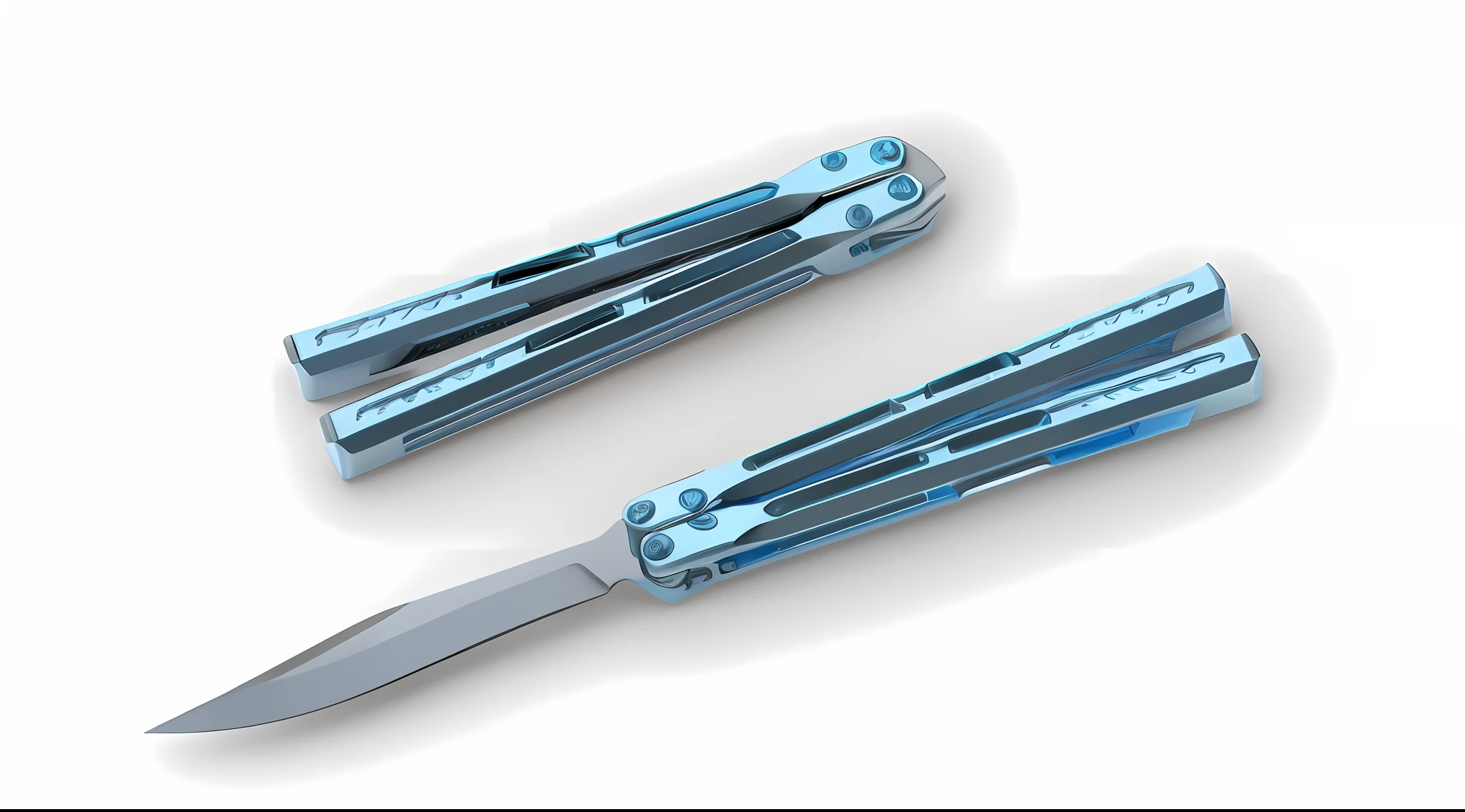 Close-up of two knives,White surface with blue handle, a folding knife, keyshot product render, 3 d product render, rendered in keyshot, product design shot, angled view, blueshift render, product design render, keyshot rendering, blade design, rendering of the windigo, hyper detailed ultra sharp, Product rendering, sharp render