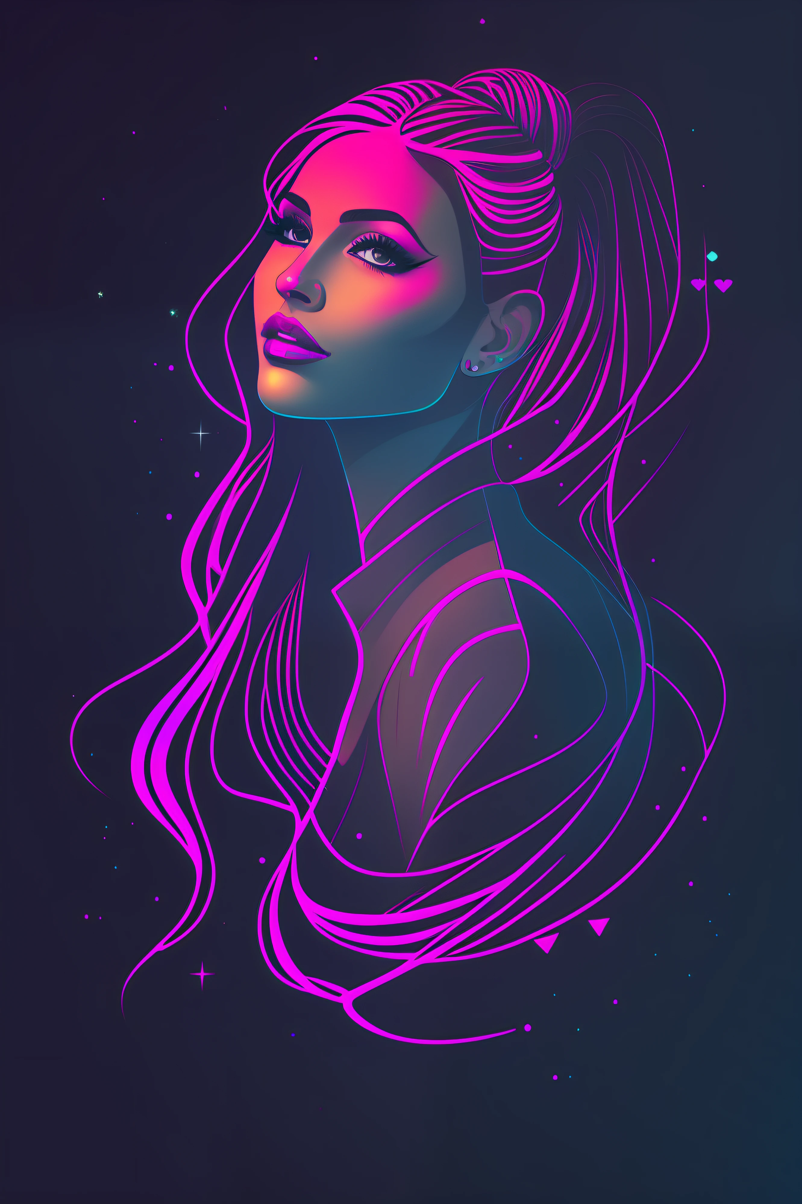 a woman with a ponytail and a pink eyeliner in a dark background, glowwave girl portrait, vector line - art style, in style of digital illustration, jen bartel, exquisite line art, poster illustration, side profile artwork, a beautiful artwork illustration, poster art style, beauty woman with detailed faces, futuristic woman portrait, stylized beauty portrait, vector style drawing
