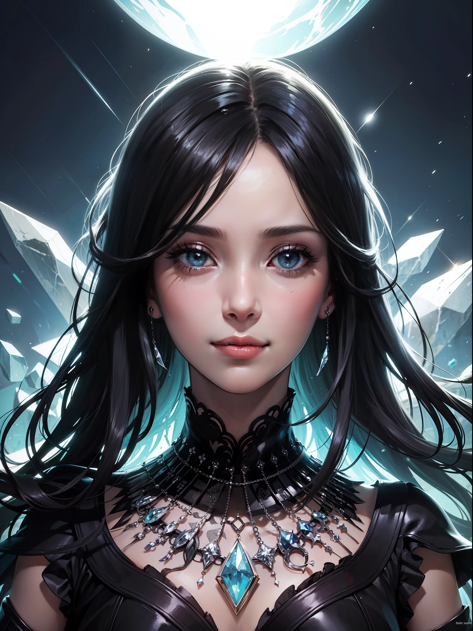 black hair, crystal hair, hair spread out, smile, mole under eye, Surrealism, Art Deco, anime, Romanticism, Realism, cinematic lighting, depth of field, reflection light, first-person view, lens flare, bust chart, UHD, anatomically correct, textured skin, high details, 4K