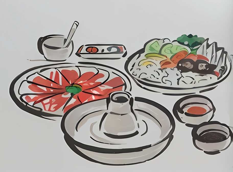 There is a drawing of a plate of food with forks and cups, Japanese illustration, author：Uesaka Seka, closeup at the food, restaurant menu photo, inspired by Watanabe Shōtei, author：Toshiei Nishida, Japanese style painting, artwork in style of sheng lam, tokyo mural, Inspired by Yoshida Hanbei，Low white color