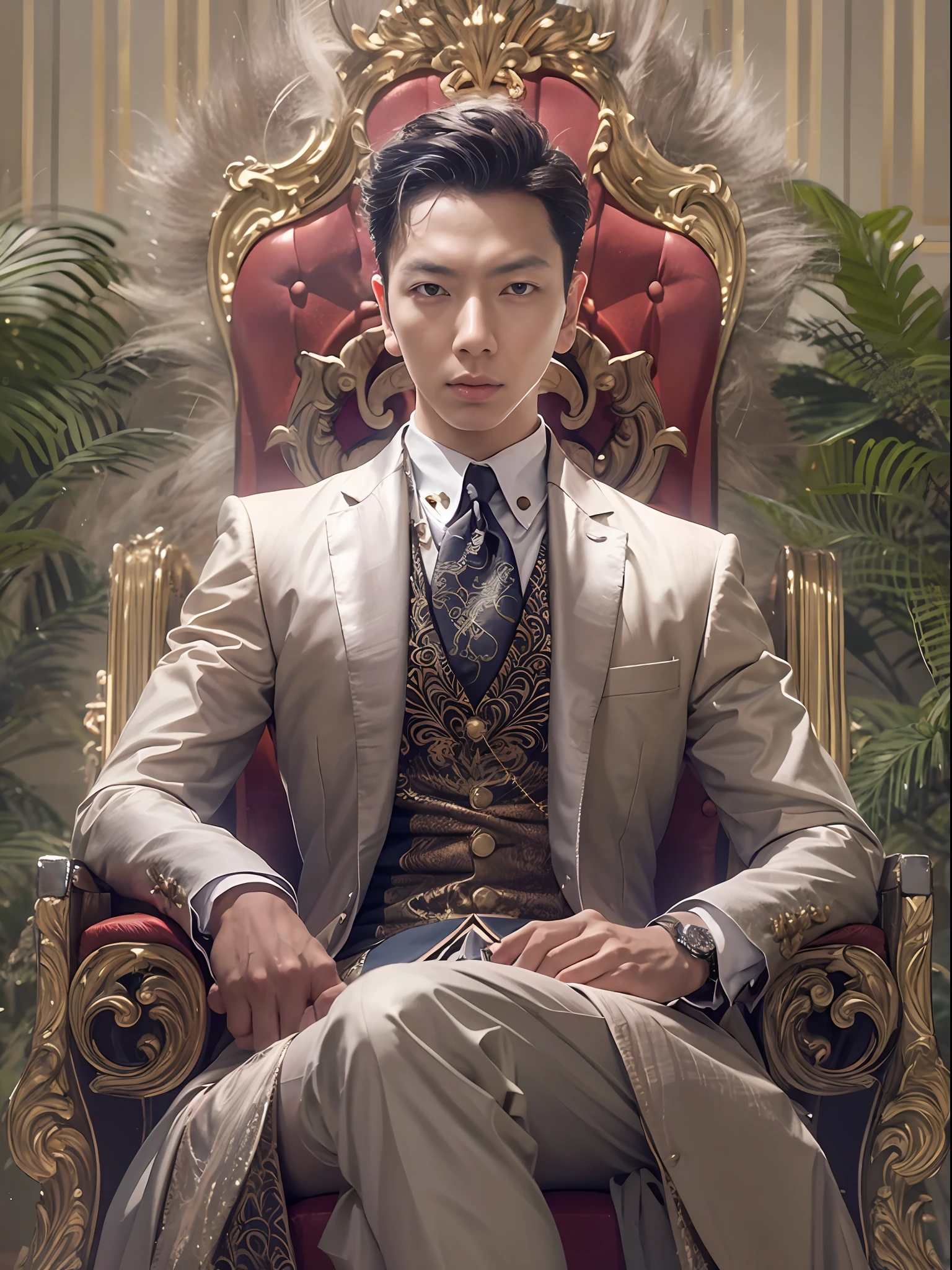 "An elegant Asian gentleman, dressed in a sleek and refined suit, confidently seated on a majestic throne."