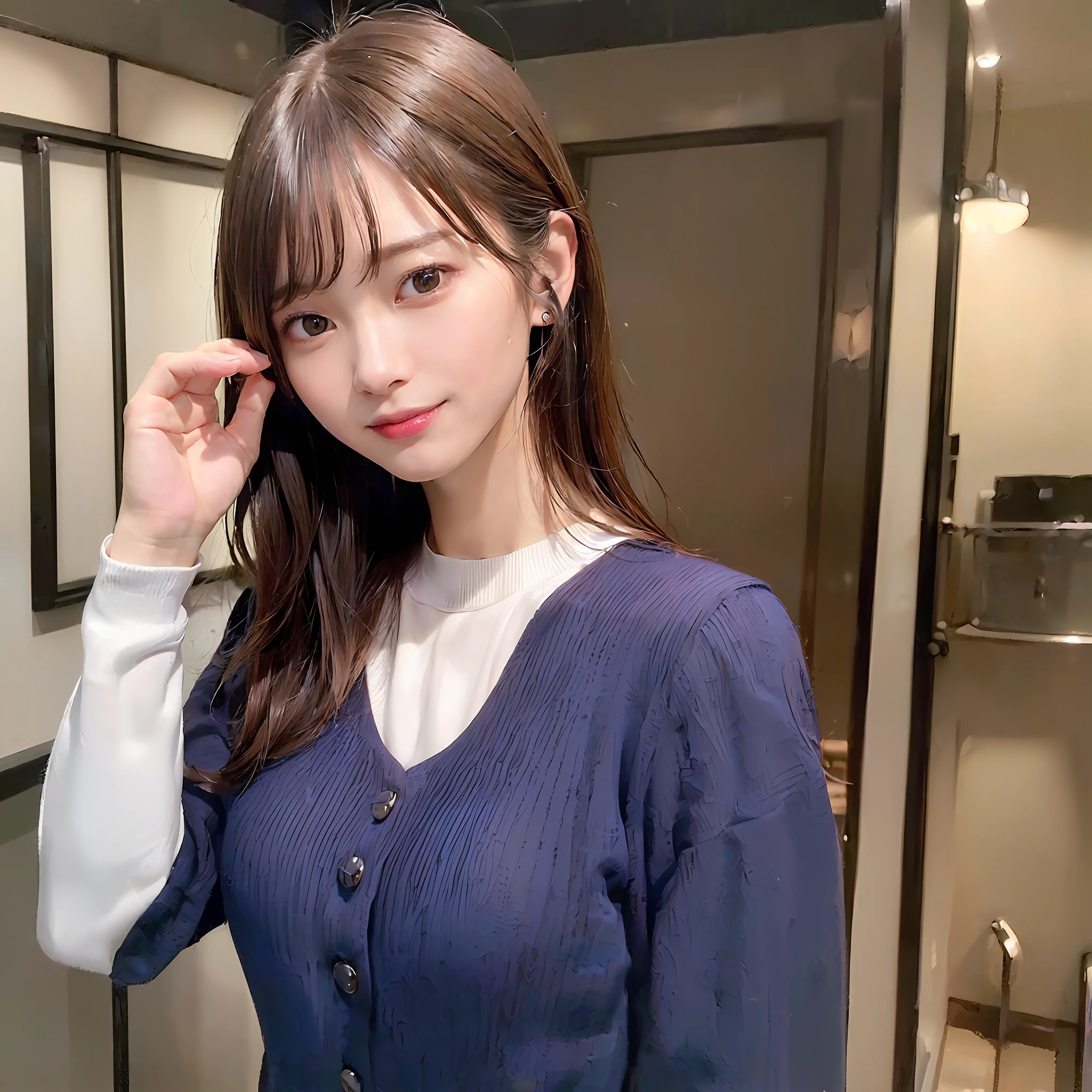 ((Realistic lighting、top-quality、in 8K、masterpiece:1.3))、focus:1.2、A 24-year-old woman、Perfect figure:1.4、Slim abs:1.1、((dark brown hair))、(Dark blue jacket)、(Dark blue skirt)、(White shirt)、(outside of house、Daytime:1.1)、(Super fine smile)、big eye
