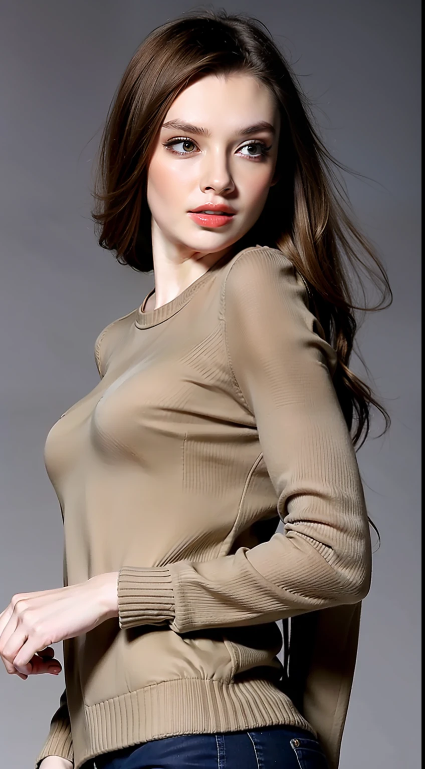 (Hyper Real), (illustratio), (A high resolution), (8K), (The is very detailed), (Most Best Illustration), (美丽细致的眼睛), (best qualtiy), (ultra - detailed), (tmasterpiece), (the wallpaper), (详细的脸), Sagging eyes, long whitr hair,huge tit,Sweaters,The background is indoors,(camel-toe)