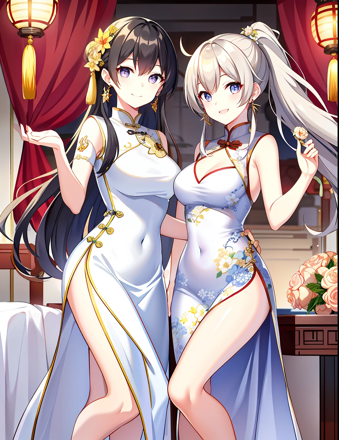 Wonderful masterpiece，nedium breasts，High-quality illustrations，A high resolution，Chinese style dress，Porcelain dress，Plain white dress，Jewelry accessories，Festive atmosphere，Smiling faces smiled and looked at the audience，Flower-decorated room，Official alternative costumes，Long hair tied into a ponytail，Tassel earrings at the ears。