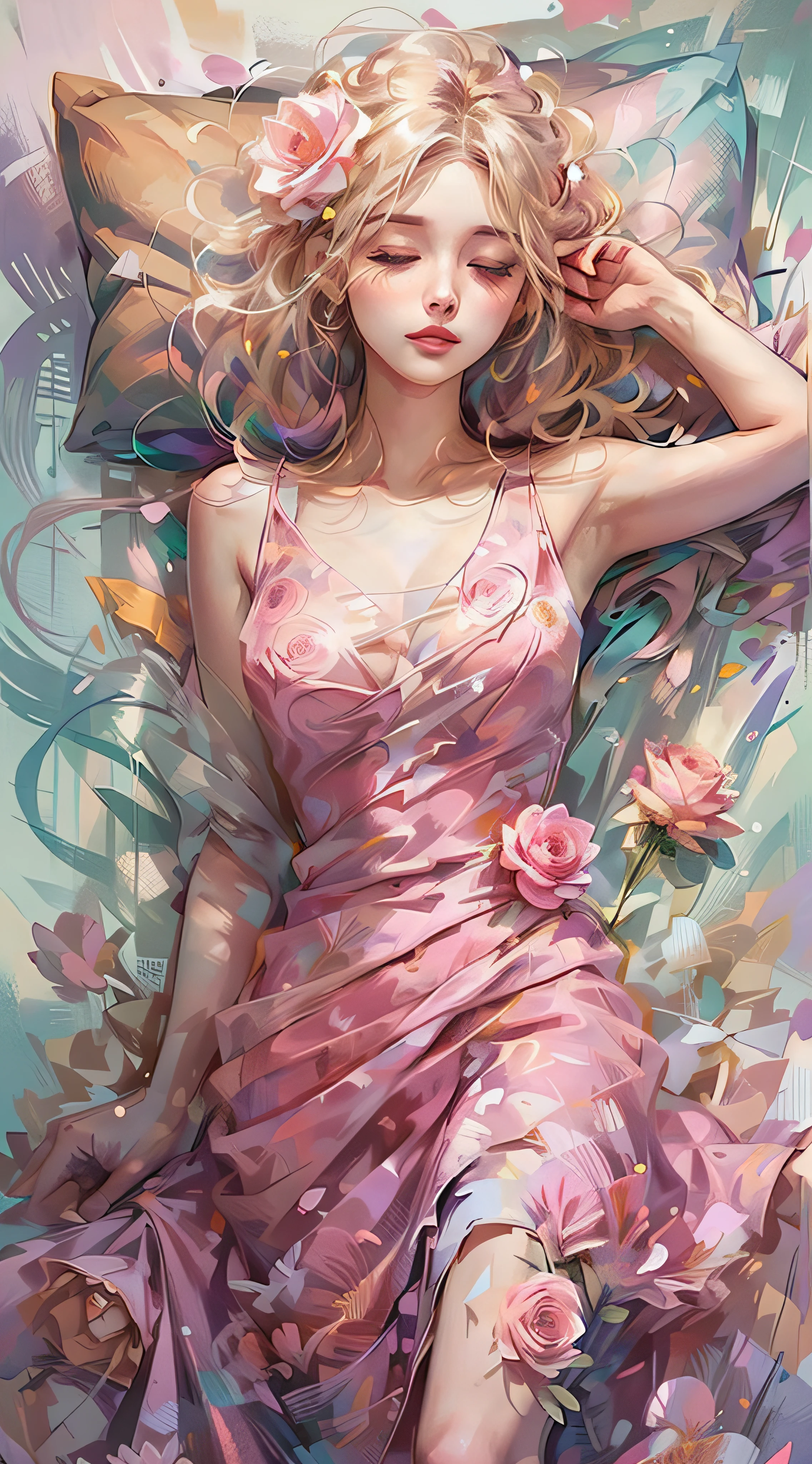 shui001,1girl, solo, flower, dress, blonde hair, closed eyes, pink flower, rose, lying, white dress, pink rose, on back, lips, makeup, sleeveless, floral print