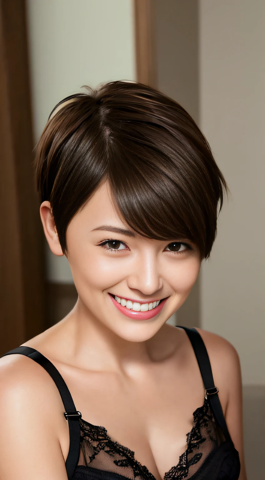 Short-haired boyish shorthair lingerie Brown hair Colossal tits A big smile black eyes