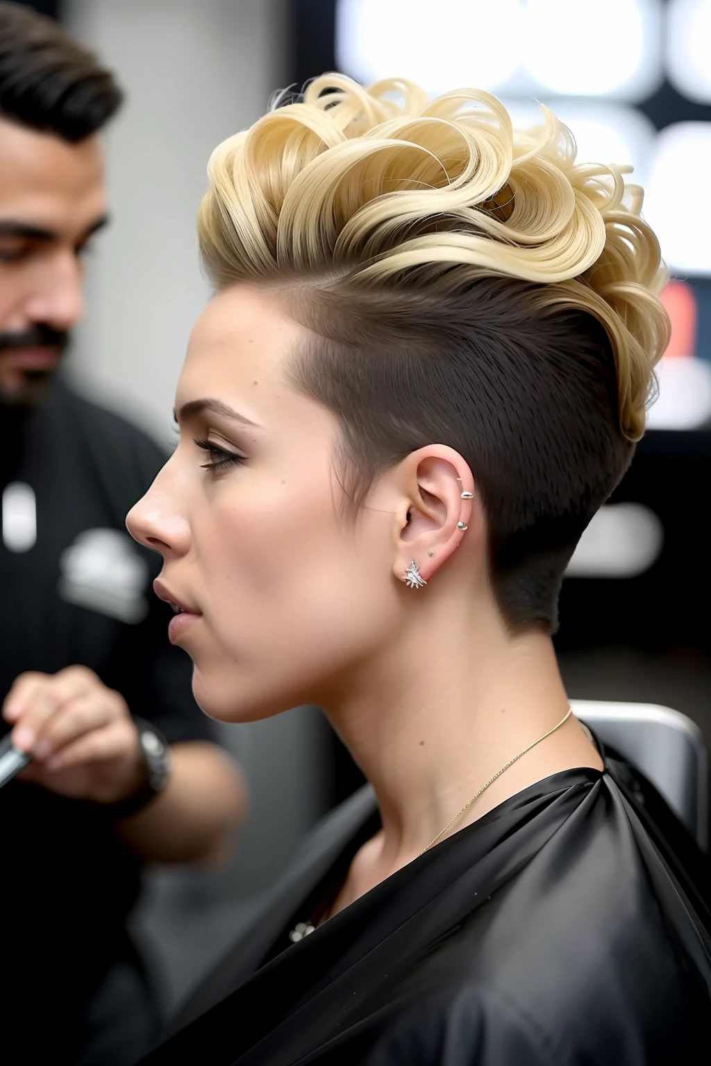 I'd like an image of Scarlett Johansson inside a barbershop. Na cena, she'll be holding a cordless haircutter, enquanto corta o cabelo do Hulk, who is sitting in the barber's chair and looking into the mirror. Scarlett will have her blonde hair pinned up, demonstrando sua beleza e profissionalismo enquanto realiza o hair cut no cliente gigante. I want the image to capture the interaction between them and the barbershop setting. A qualidade da imagem deve ser excepcional, com detalhes intrincados, cinematic lighting and sharp focus. O tamanho da imagem pode ser em 8k, com tecnologia HDR para melhorar a nitidez e a qualidade. This image will be used as wallpaper, That's why it's important that it's an impressive masterpiece.