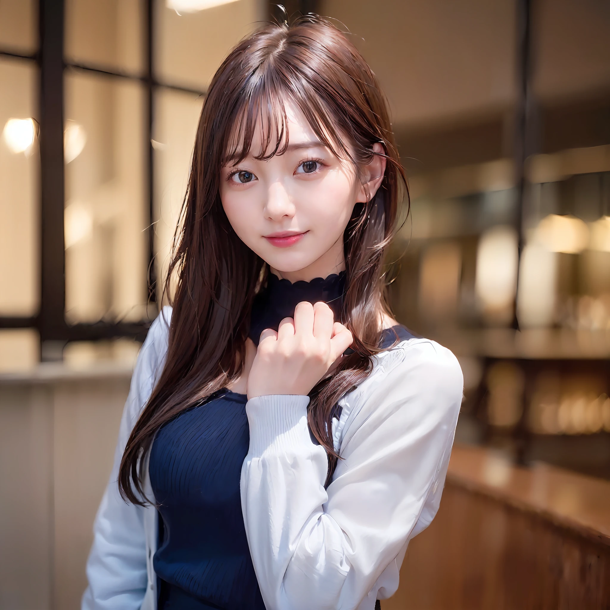 ((Realistic lighting、top-quality、8K、masterpiece:1.3))、focus:1.2、1 girl、Perfect figure:1.4、Slim abs:1.1、((dark brown hair))、(Dark blue jacket)、(Dark blue skirt)、(White shirt)、(outside of house、daytime:1.1)、(Super fine face、a smile)、big eye、24