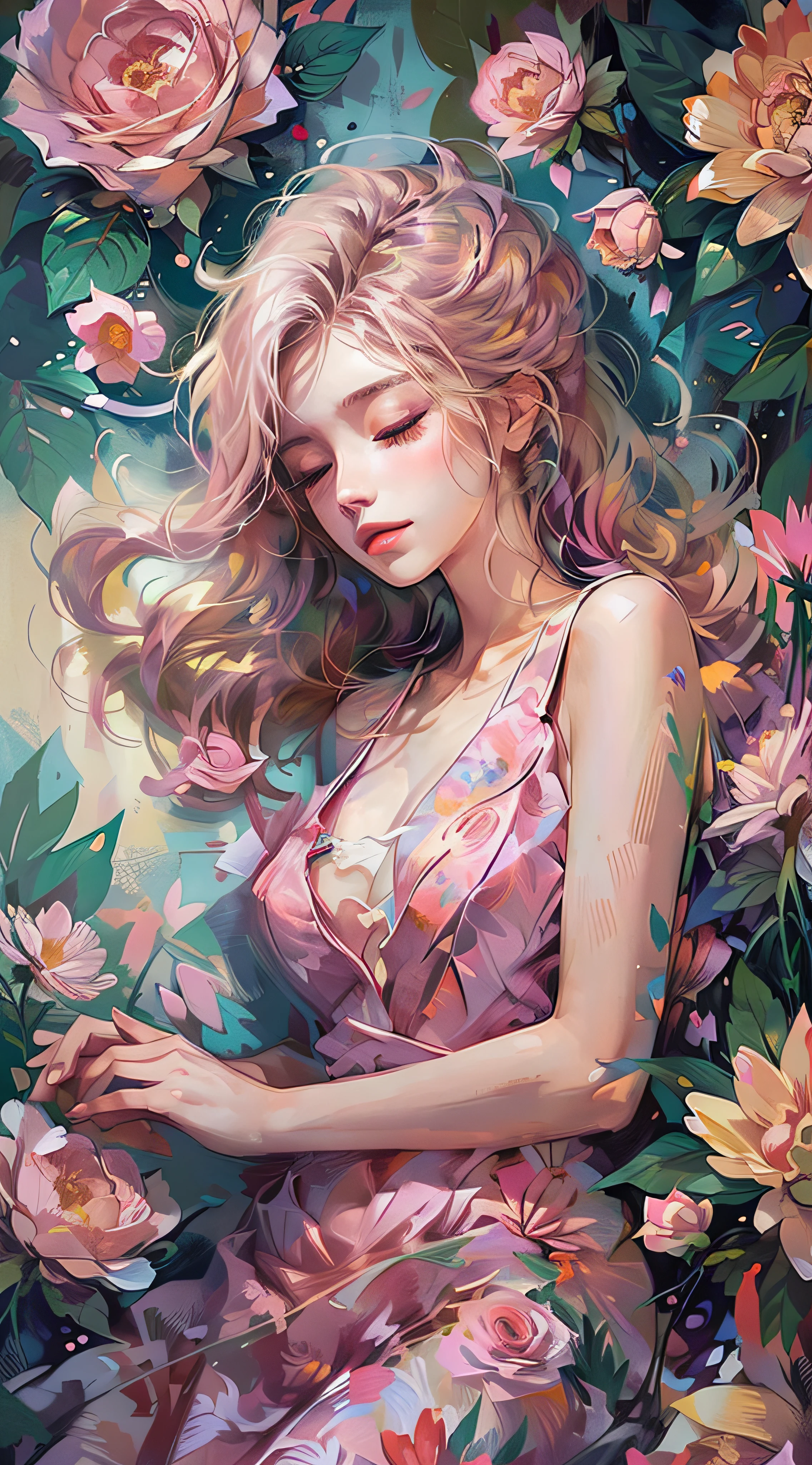 shui001,1girl, solo, flower, dress, blonde hair, closed eyes, pink flower, rose, lying, white dress, pink rose, on back, lips, makeup, sleeveless, floral print