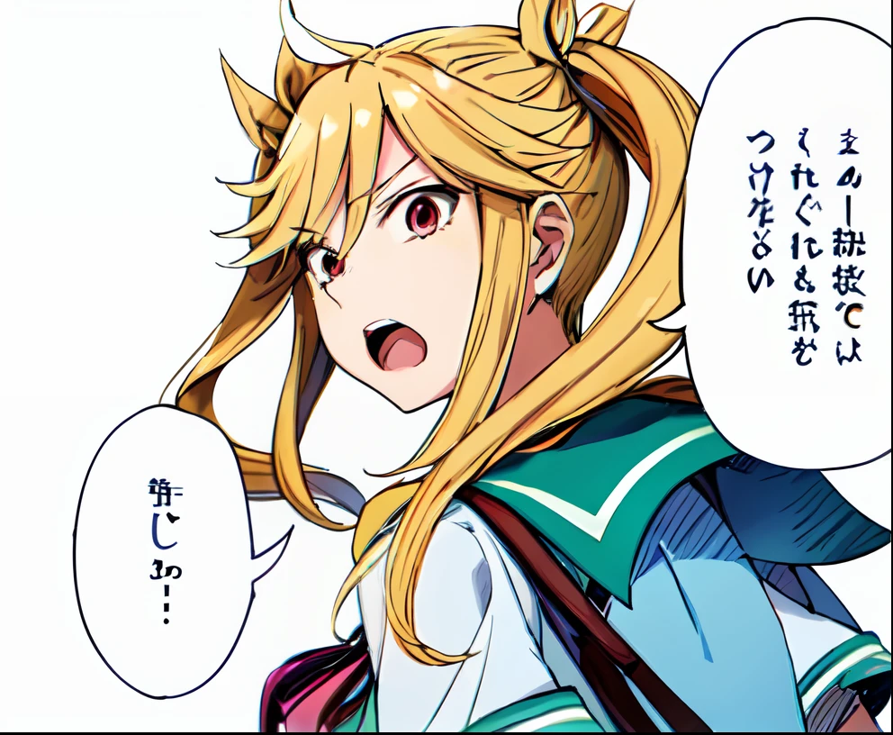 a anime of a girls manga, blonde hair color, open mouth, school uniform, bag, text manga, color manga, manga color, color manga, color manga panel, simple background, a white background