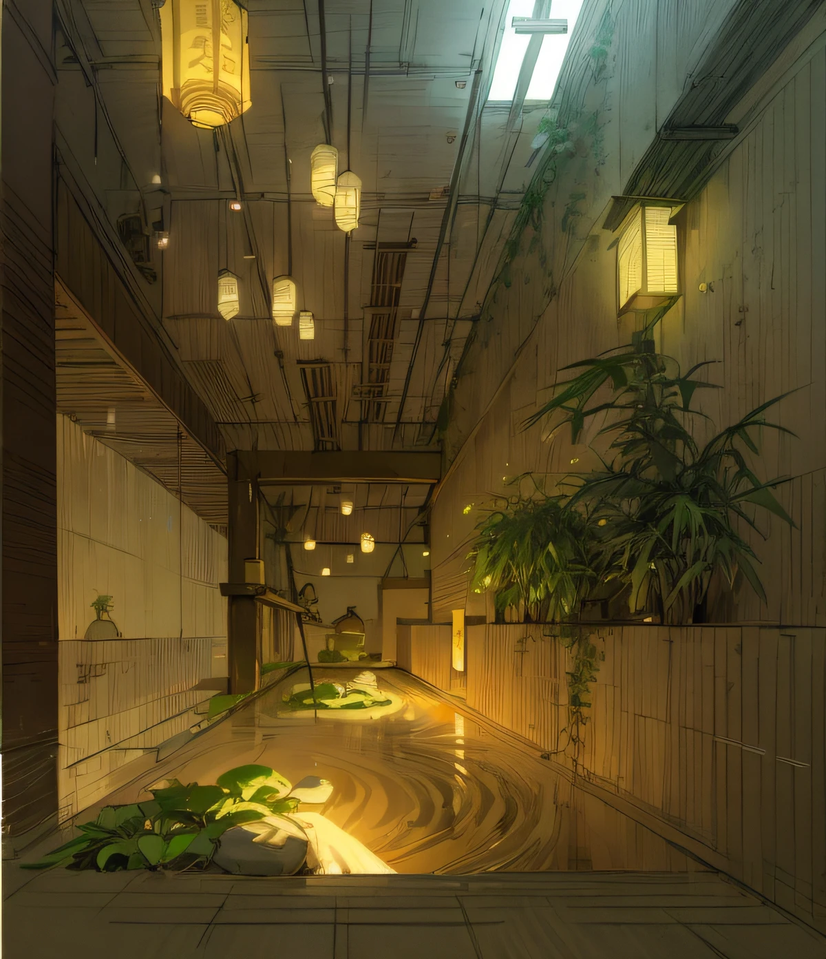 A photo of indoor garden, Zen garden, indoors, exterior, trees, green architecture, lantern light, people, sand, bamboo, sketch, building