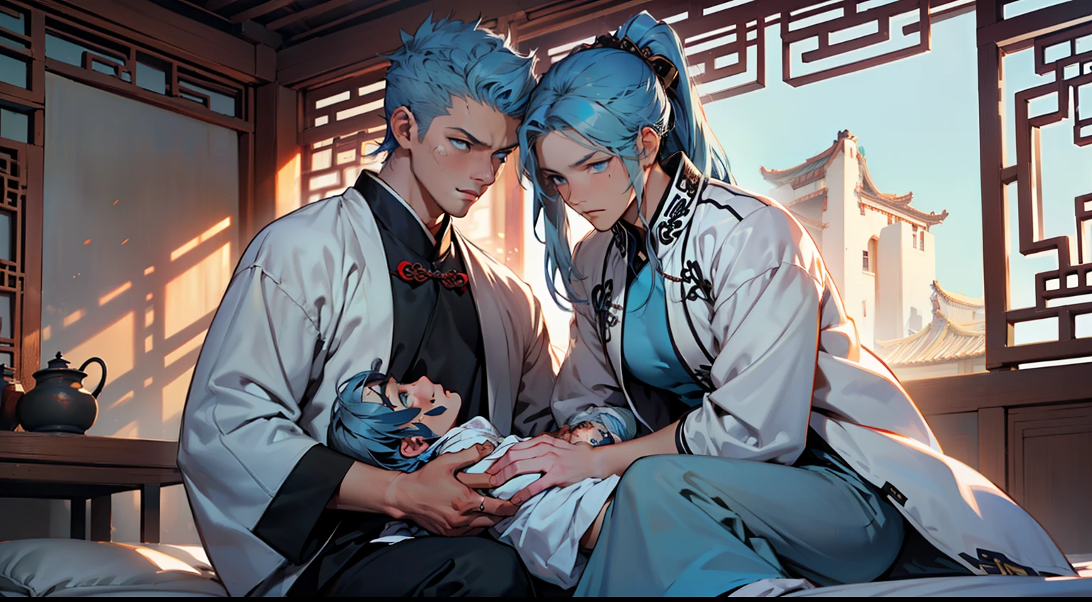 (two guys)(1girll,Kizi ,(((Blue eyes))),(((Long blue hair))),Light blue dress with white light gauze jacket,sit on a bed,Hold a baby in your arms,A man is around,Painful expression)(Background with:(Background with:Inside an ancient Chinese dwelling)