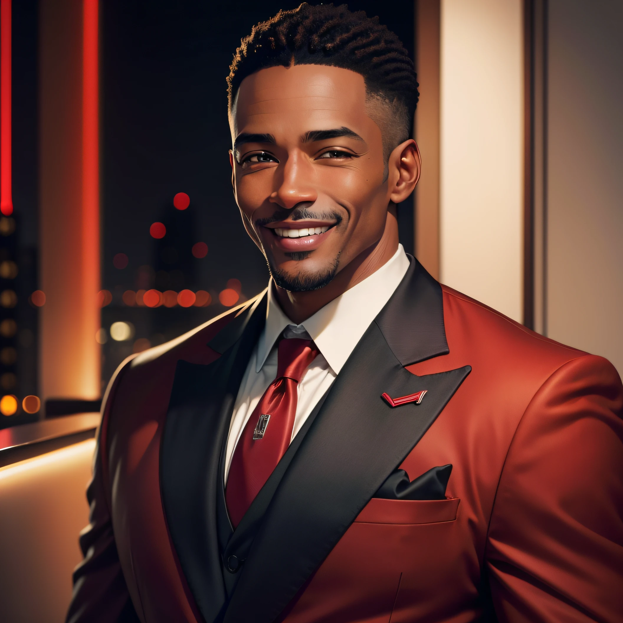 black man in red jacket, red tie, head shot, looking at the camera, happy smile, big smile, wearing Armani suites 60 year old man , single man, musician, night club, silver necklace, in london, attractive man, attractive male, all back brown hair, high res, , handsome male, brown-eyed man, realistic, sharp lighting,