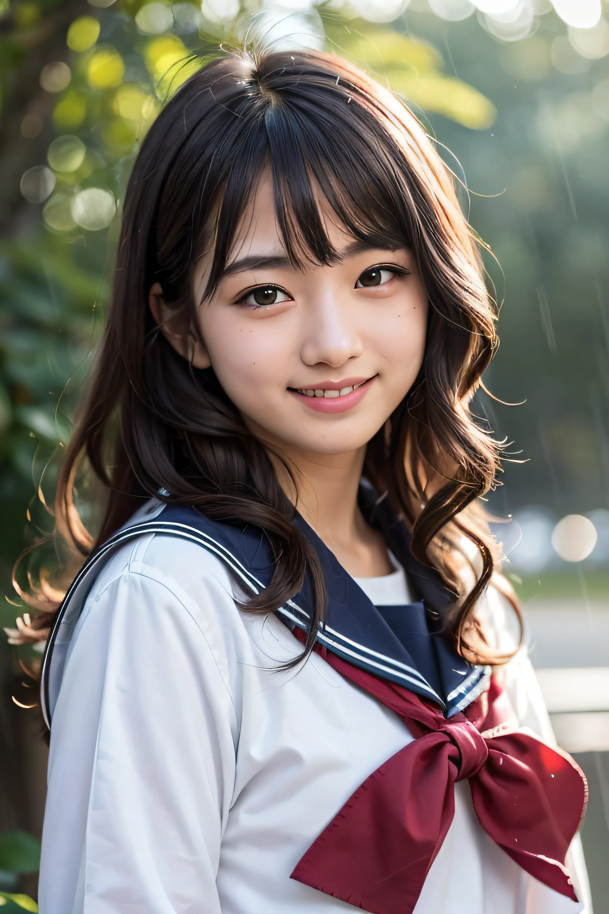 forest, rain, studio light, depth of field, upper body, slender, cute face, big smile, beautiful detail eyes, no false eyelashes, short lashes, 16 years old Japan, cute, warm brown voluminous curls, sailor suit, high school student, neat,