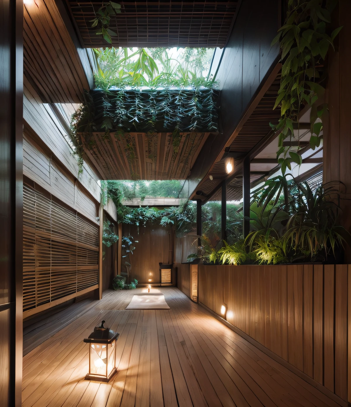 A photo of indoor garden, tropical garden, (minimalism style), lighten wood, indoors, exterior, trees, green architecture, lantern light, sand, bamboo, forest, architecture vizualisation, photography, 8k, masterpiece, ultra quality, (Meditation), relaxing