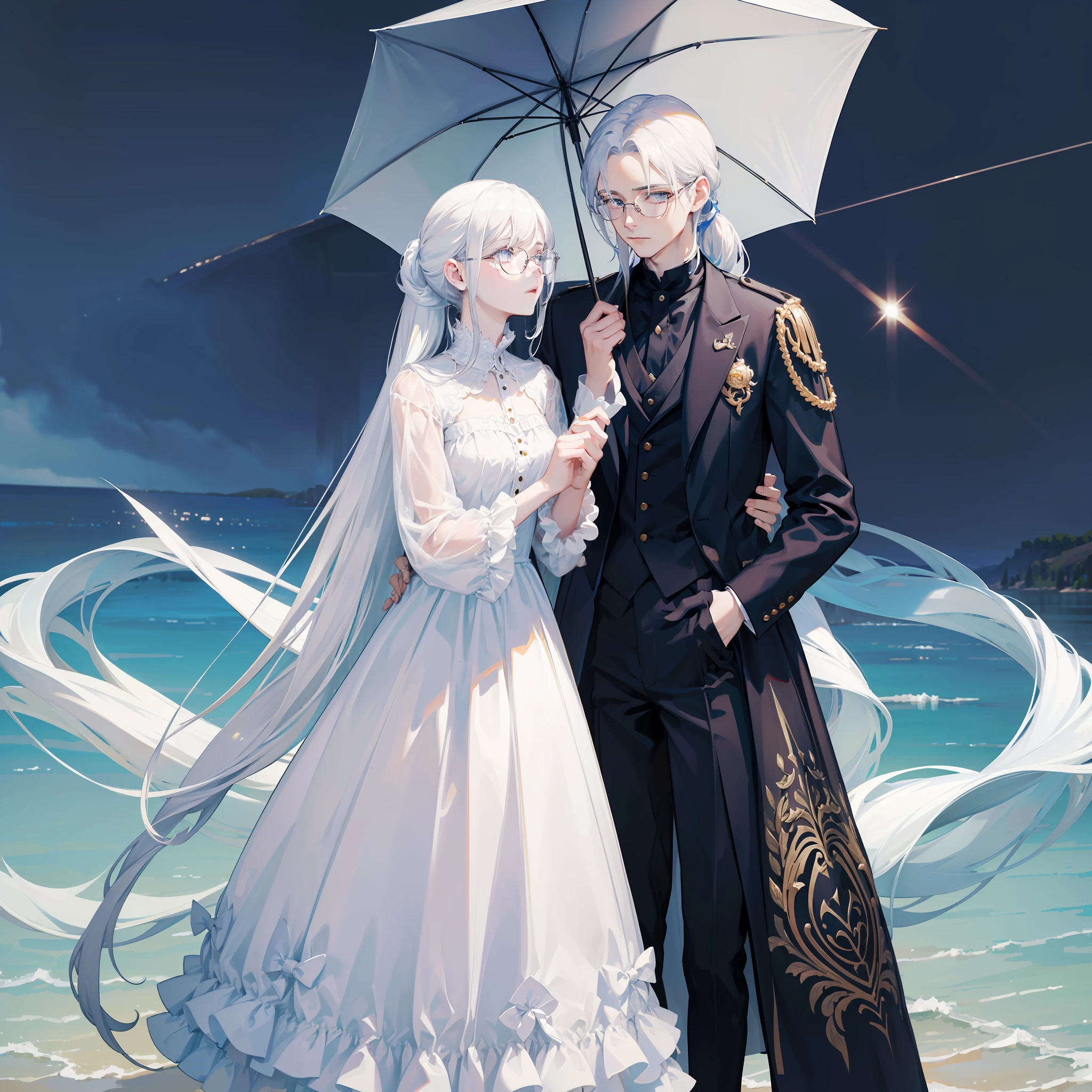 Western European classical promenade 1 boy, Long silver hair, (Pale skin:1.1), black dressed evening dress(There are brooches) There is an umbrella on the left-hand side, He has a pair of gold-framed glasses, Light blue eyes, Long ponytail, (Place your left hand on the frame:1.2), Looking down, , Rococo,cool guy