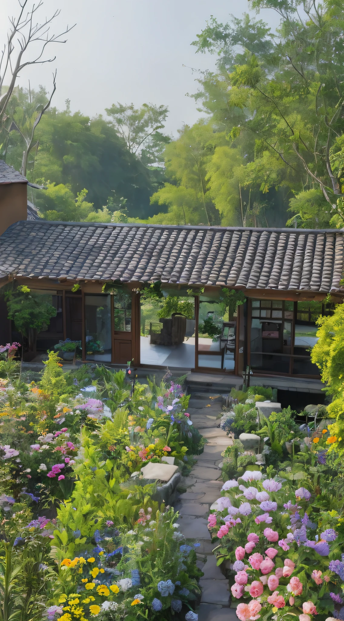 Chinese countryside in the 80s,The front yard features houses with gardens and walkways, in a cottagecore flower garden, with a garden, above lush garden and hot spring, amidst of nature fully covered, soothing and cozy landscape, cozy and peaceful atmosphere, wonderful masterpiece, cottagecore!!, Peaceful environment, Lush surroundings, cottagecore, lush garden in the background,Hyper-realistic,Ultra photo realsisim