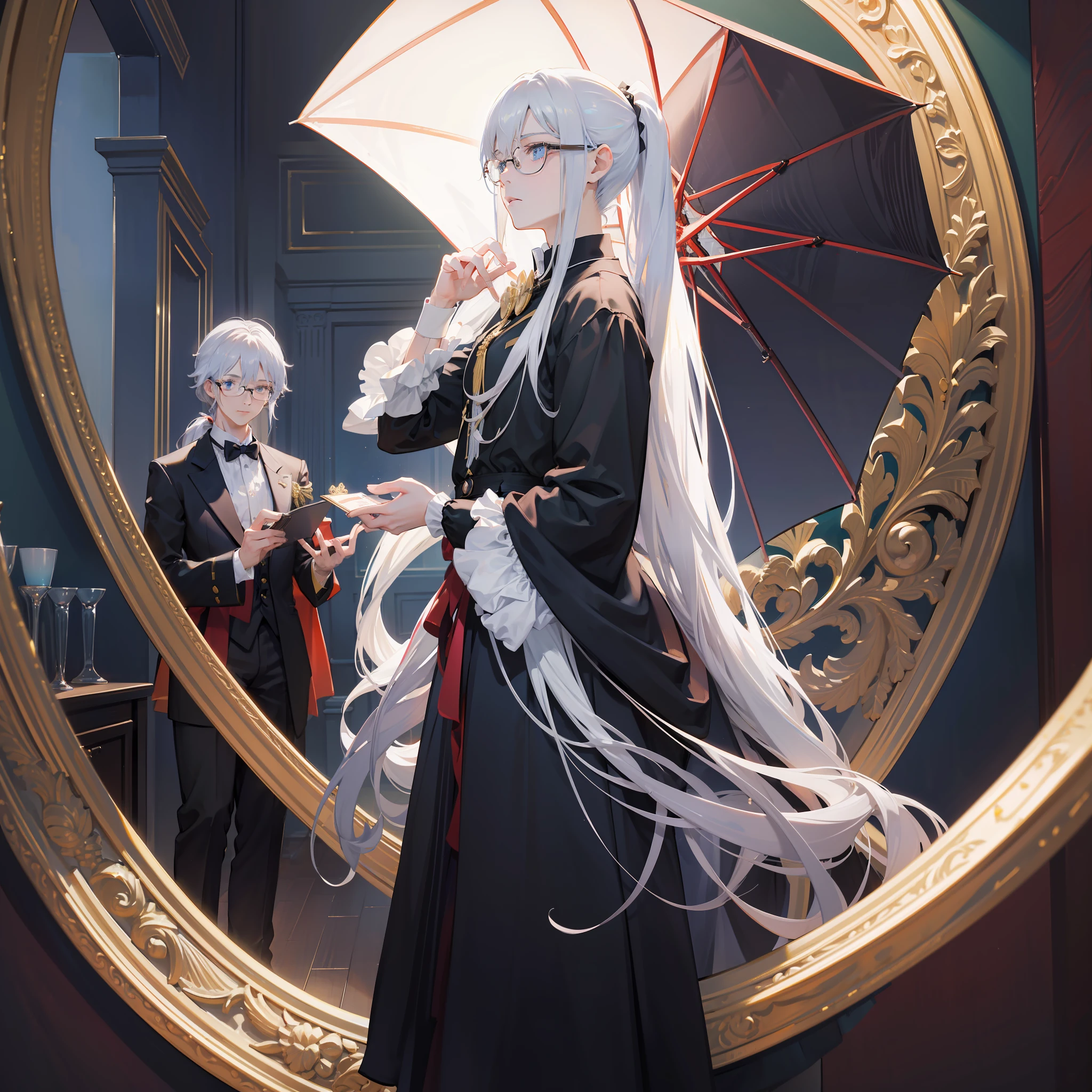 best qualtiy：1.0），（超高分辨率：1.0），Anime boys，Western European classical promenade 1 boy, Long silver hair, (Pale skin:1.1), black dressed evening dress（There are brooches） There is an umbrella on the left-hand side, He has a pair of gold-framed glasses, Light blue eyes, Long ponytail, (Place your left hand on the frame:1.2), Looking down, , Rococo,