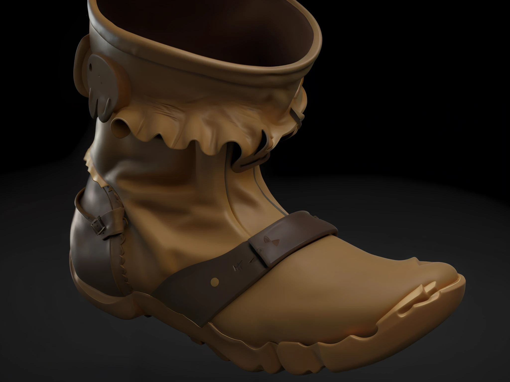 Close-up of shoes with leather strap, Leather shoes,The collar has a flash,jester shoes, arte renderizada, 3 d render stylized, greaves, Boots, polycount contest winner, polycount, wears brown boots, Leather boots, Brown boots, heavily stylized, game assets,