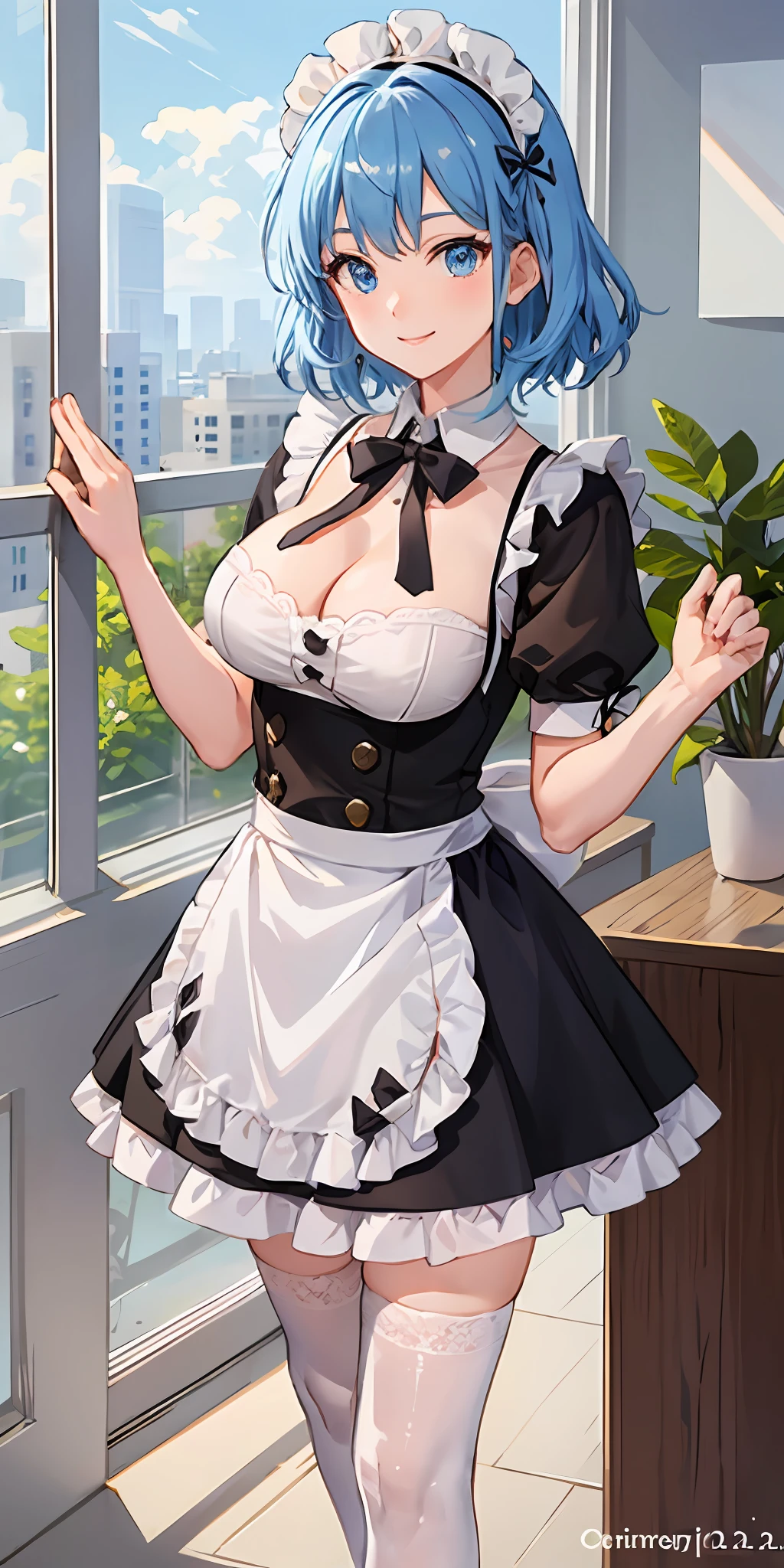 (White_Underwear 1.2),火焰,short_Blue_Hair,maid headdress,Large breasts,Expose the beans,
Light smile,Best quality