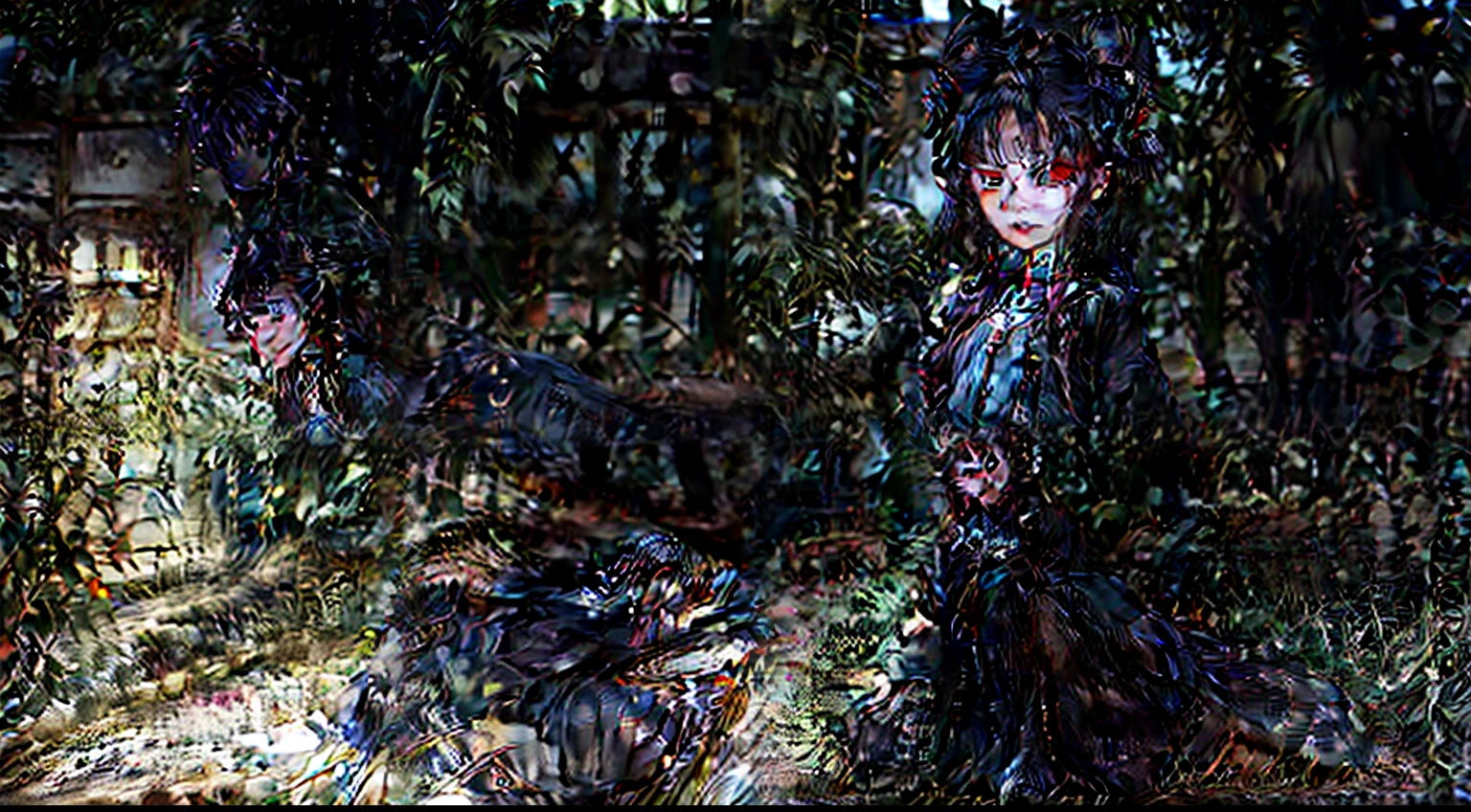 anime, woman, weird, ojos rojos, Pelo largo negro, terror, wending oufit, knife